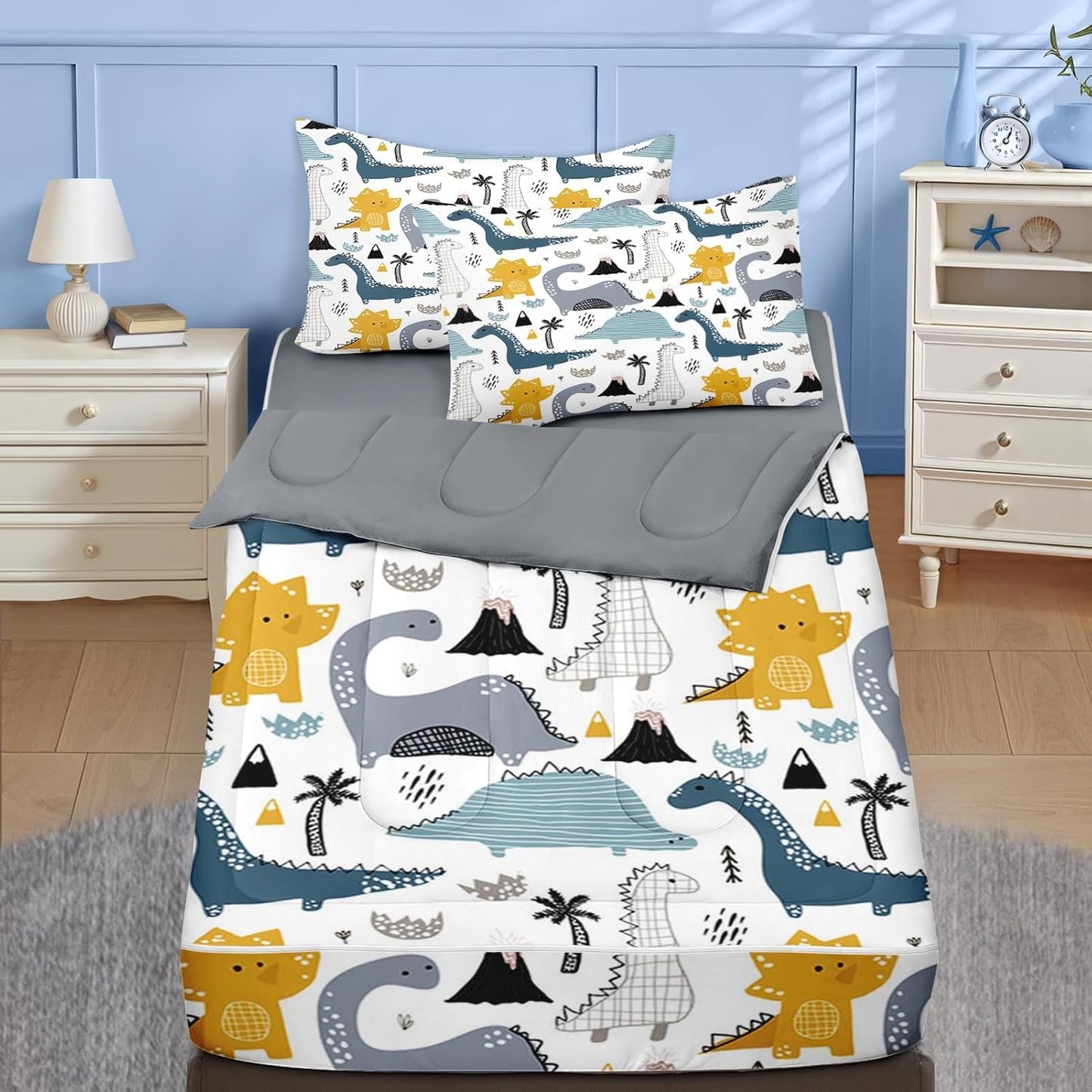 Cute Dinosaur Zip Up Bedding Set for Boys - 3 Pcs Comforter