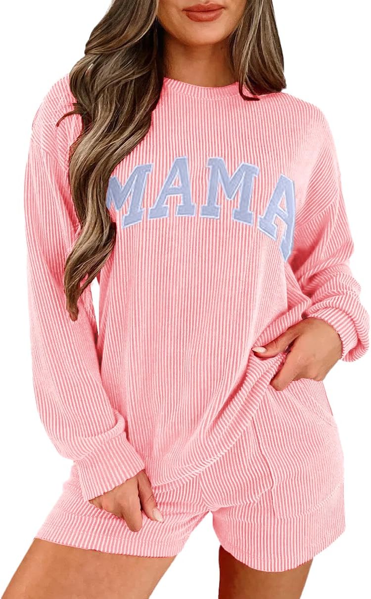 Womens Ribbed Pajama Sets Long Sleeve Top and Shorts Loungewear