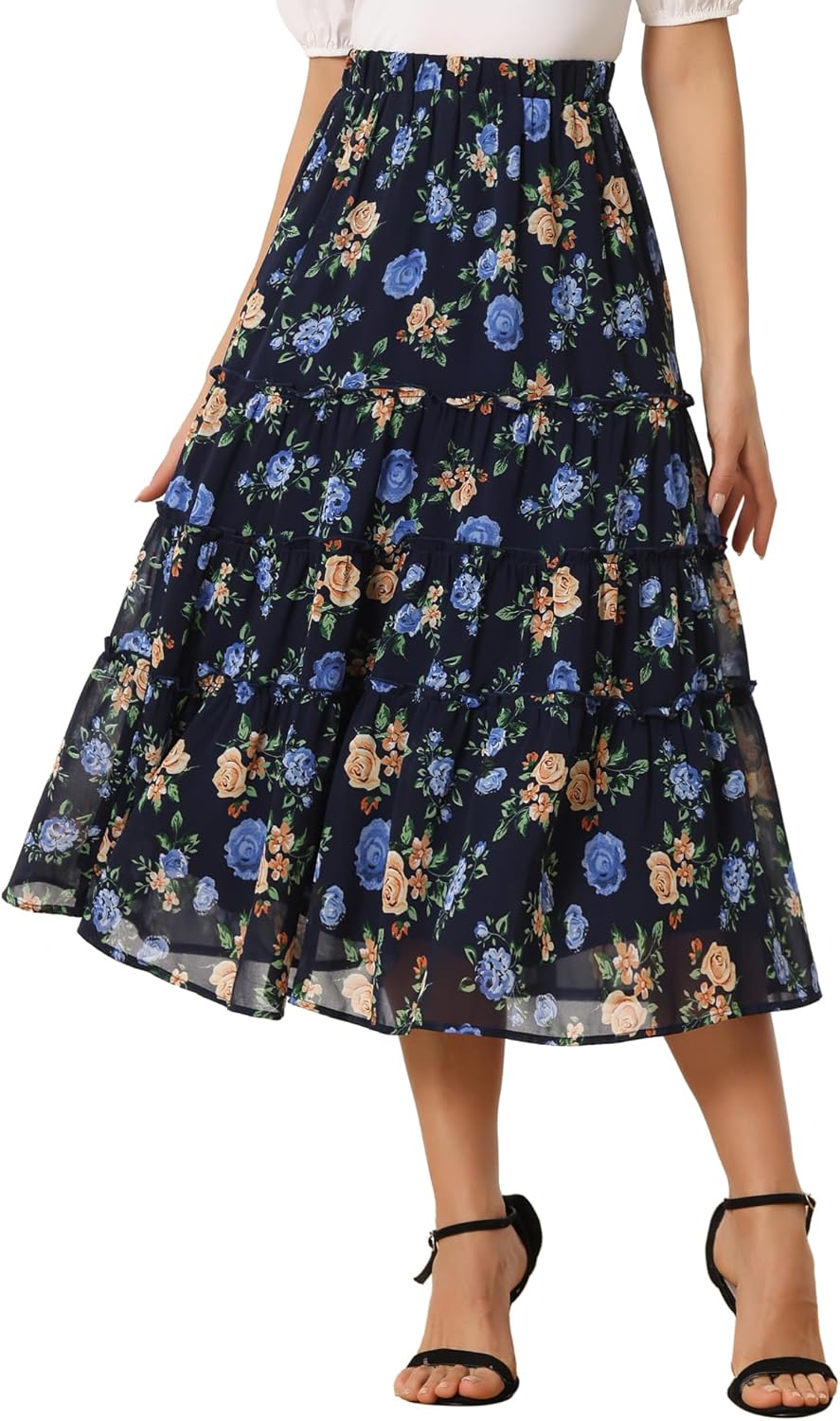 Allegra K Women's Floral Chiffon A-line Midi Skirt for Summer
