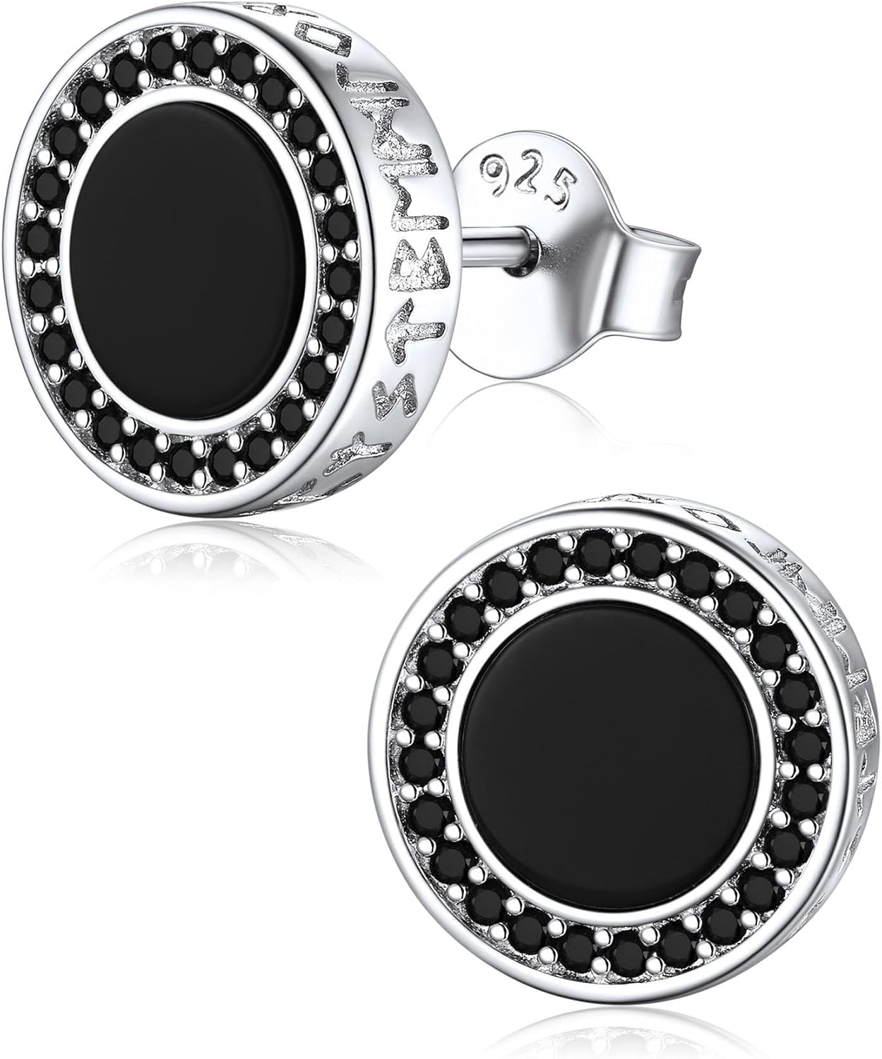 Viking Rune Black Onyx Stud Earrings in 925 Sterling Silver