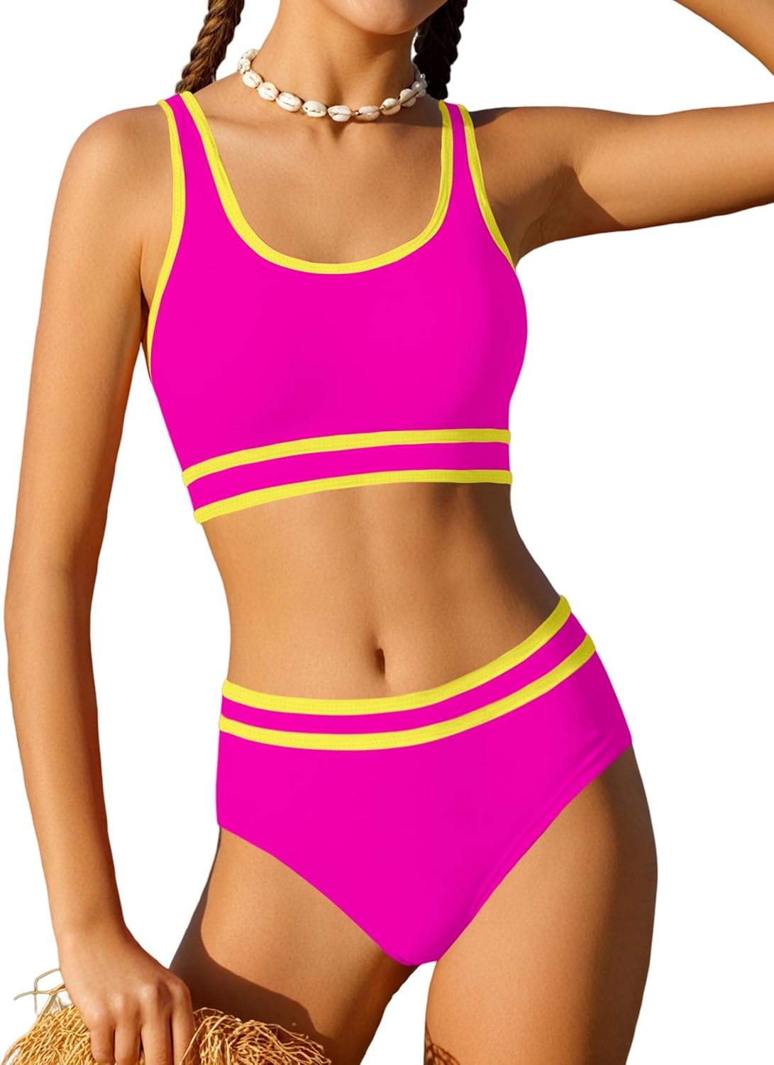 Girls Swimsuit Double Strap High Waist Sporty Bikini Set