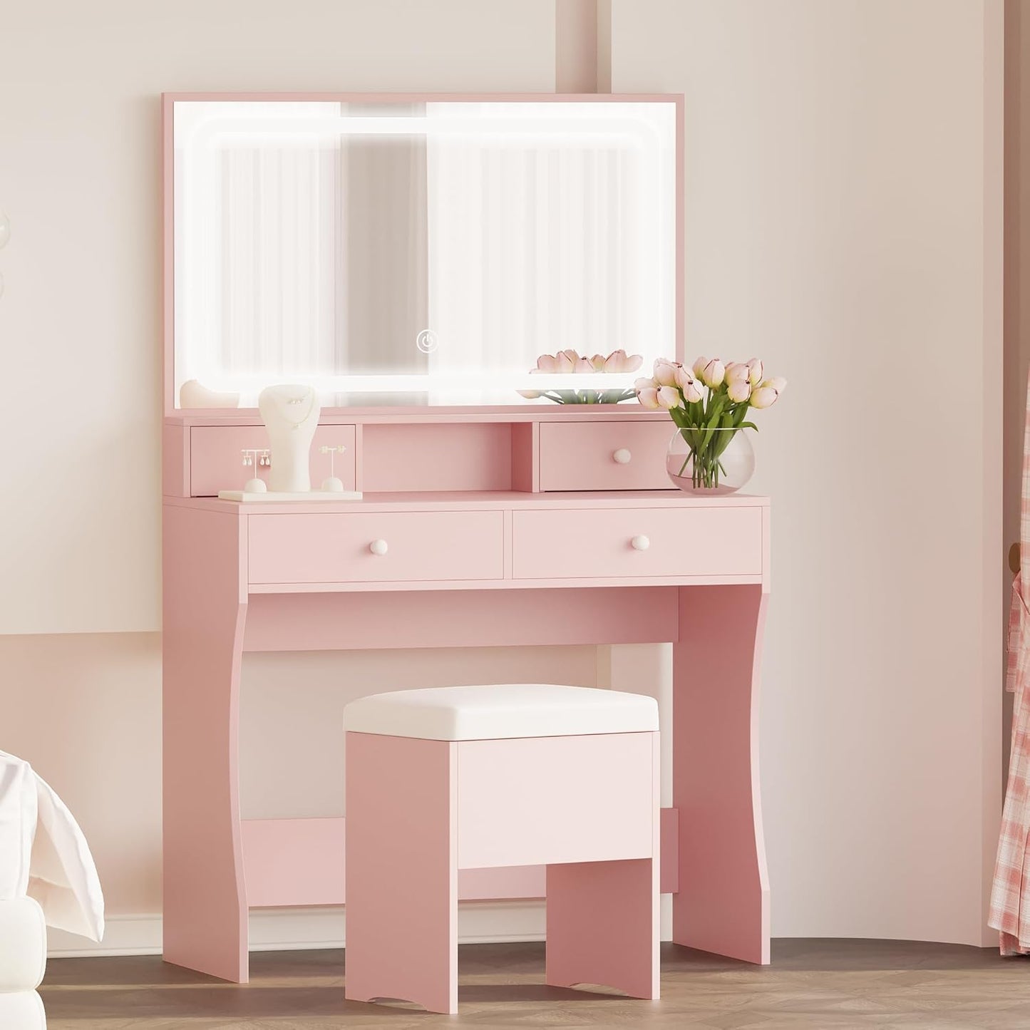 Chic Pink Vanity Desk with Lights & Storage