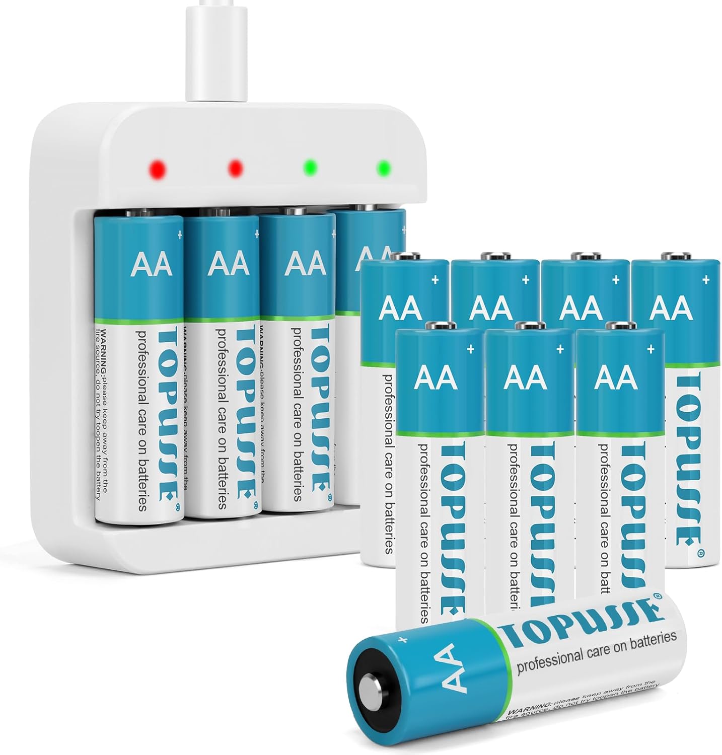 Topusse 12 Pack AA Rechargeable Lithium Batteries + Fast Charger - Long-Lasting Power