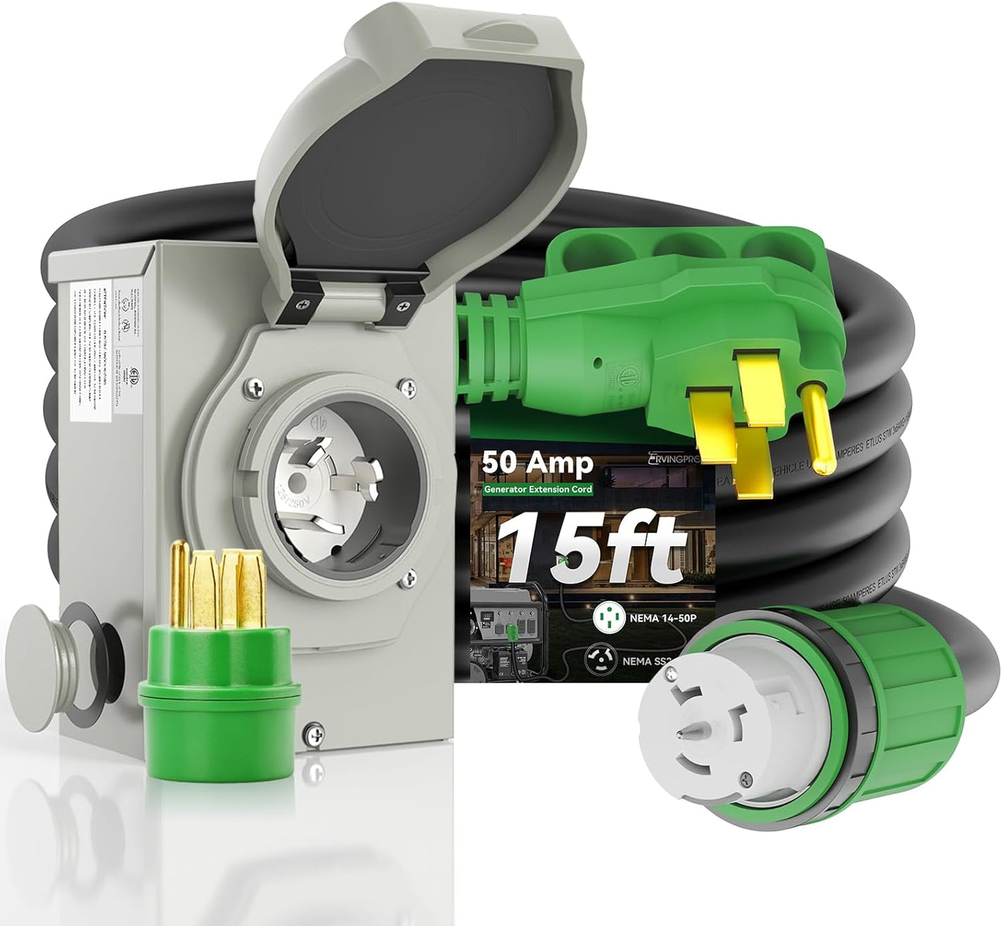 50 Amp Generator Cord 15FT with Pre-Drilled Inlet Box Combo