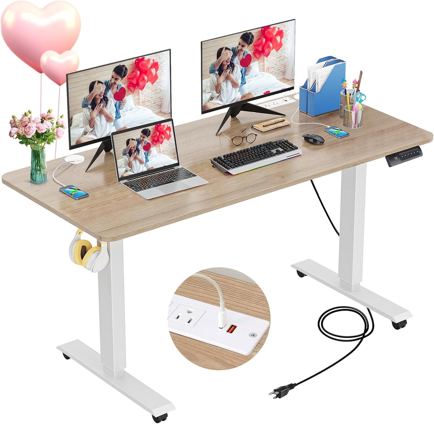 Adjustable Height Standing Desk with Charging Station for Home Office
