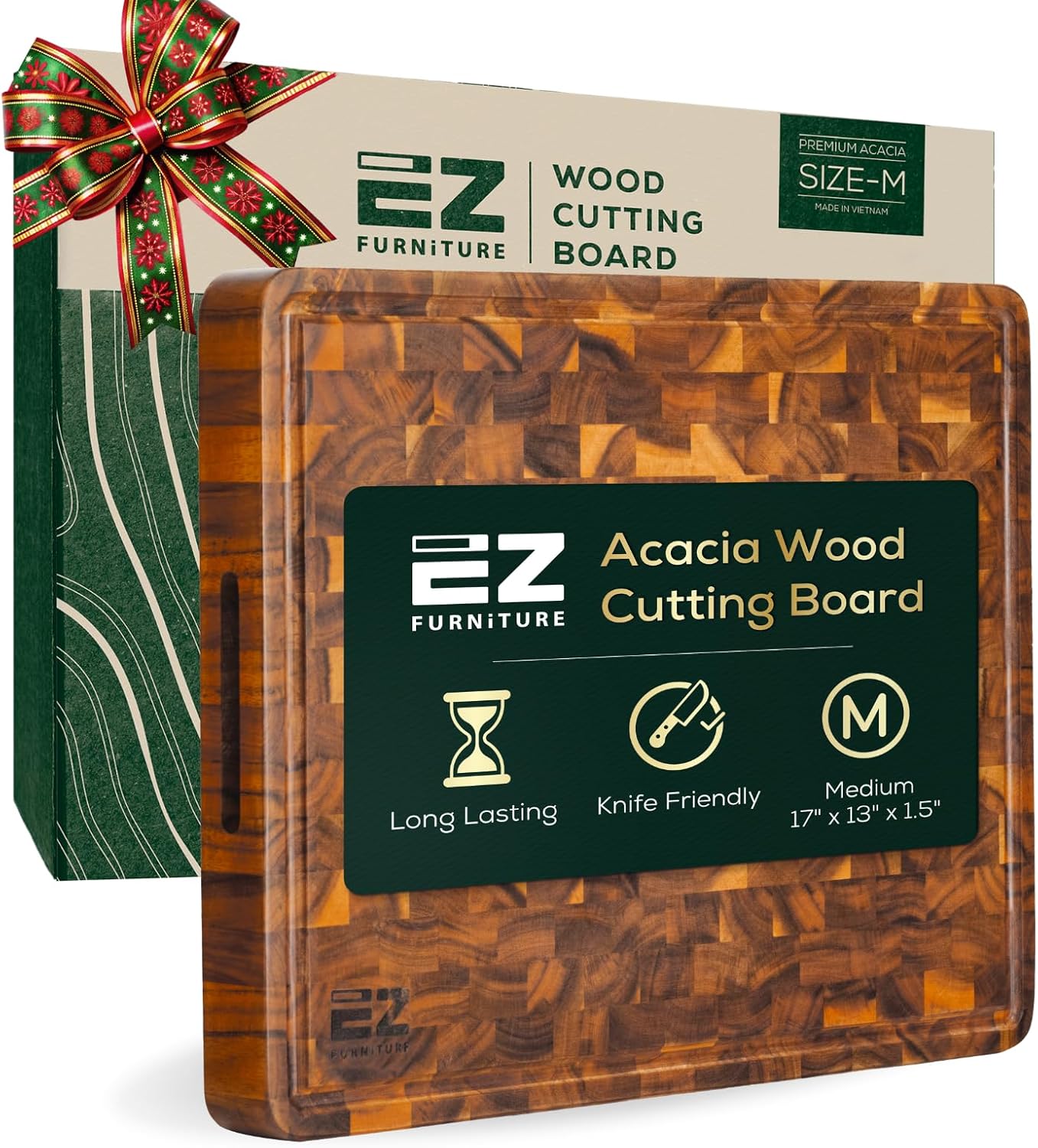 Acacia Wood Cutting Board with Juice Groove & Handles for Kitchen