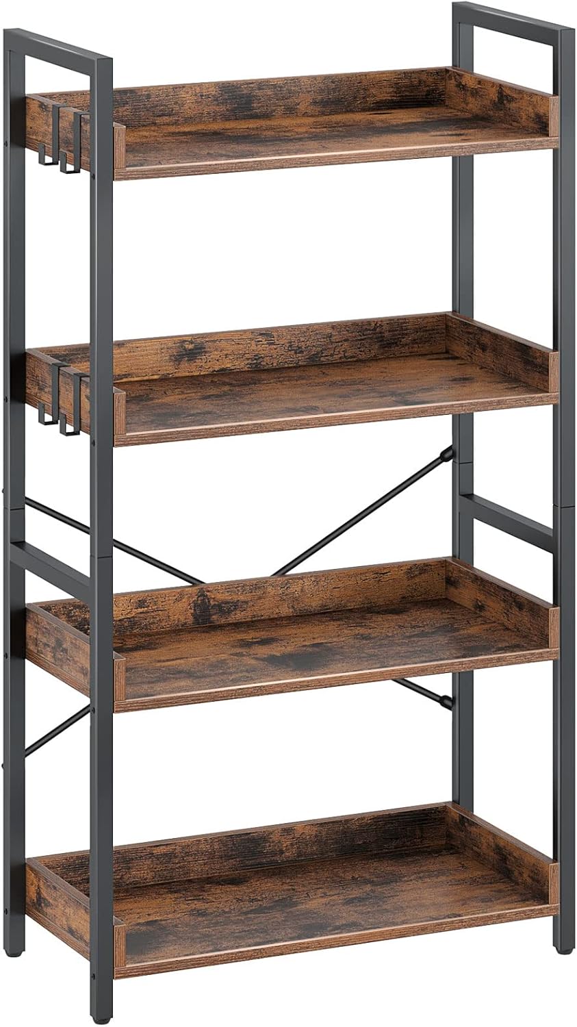 Rolanstar 4 Tier Industrial Wood Bookcase with Hooks for Storage