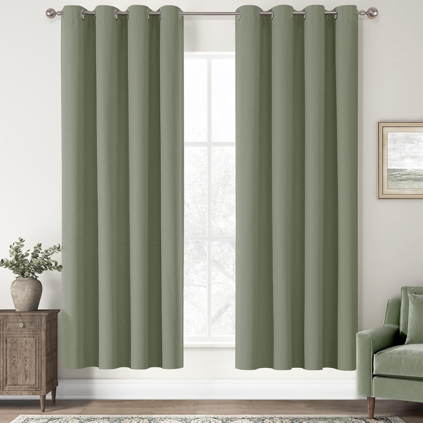 100% Blackout Sage Solid Curtains for Bedroom and Living Room