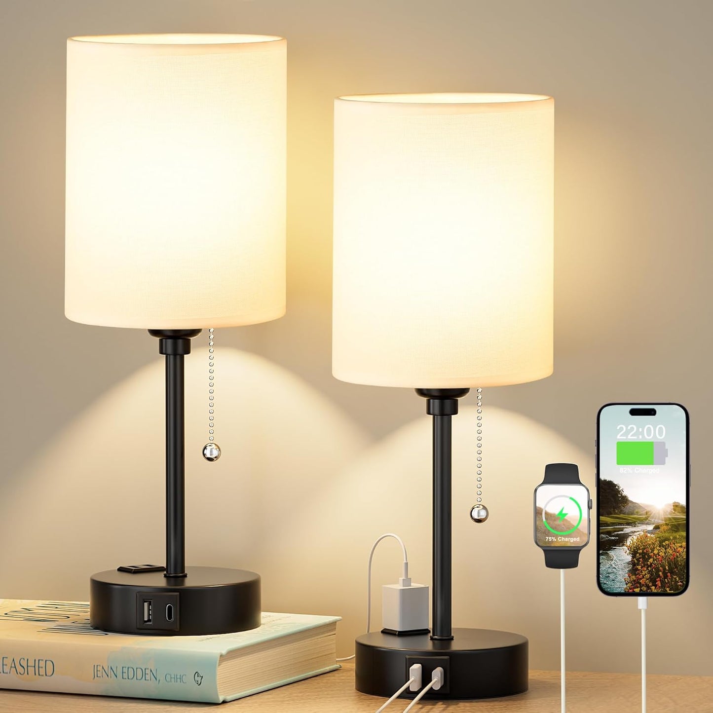 Bedside Table Lamp Set of 2 with USB Ports for Kids Reading