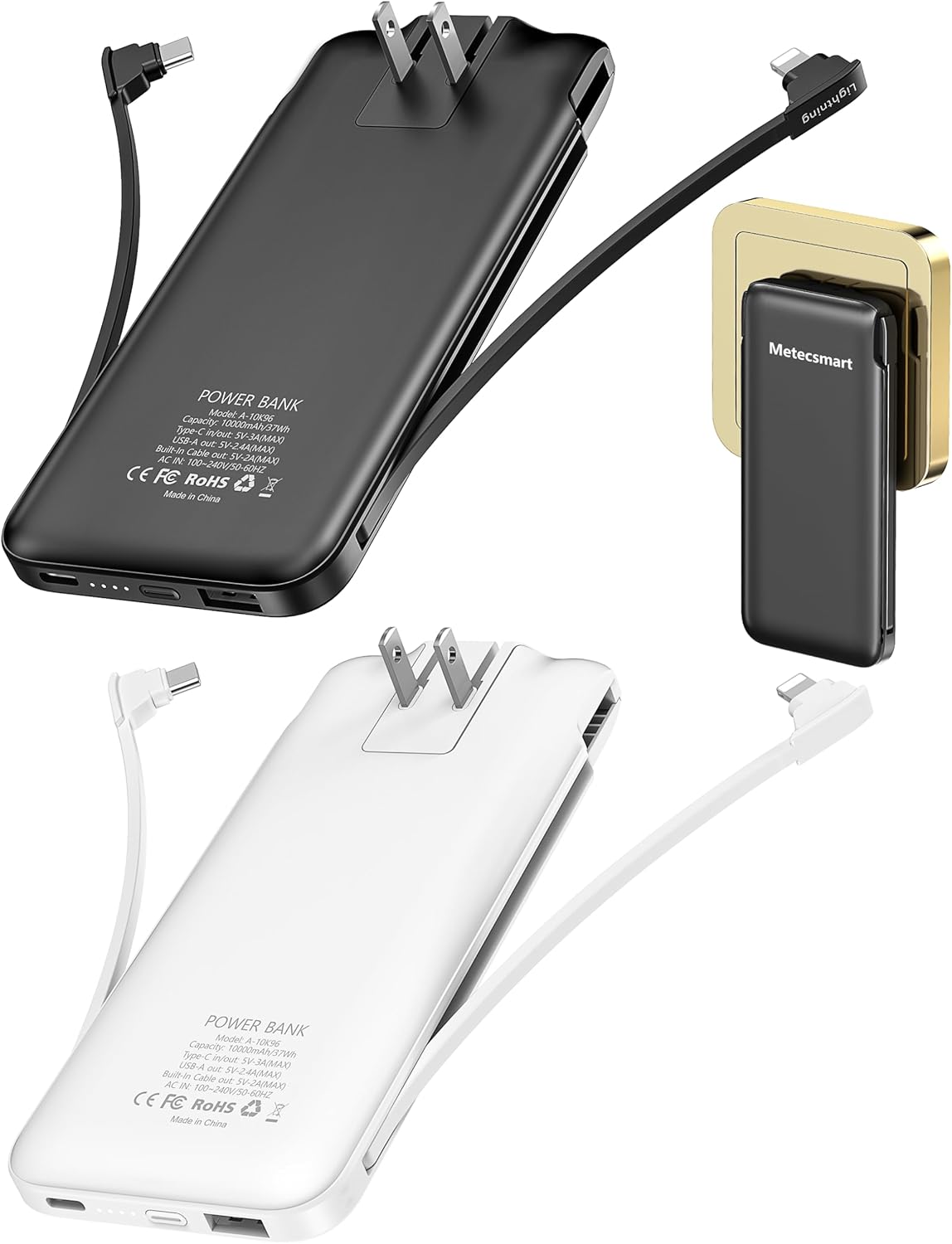 10000mAh Portable Charger Power Bank with Built-in Cables