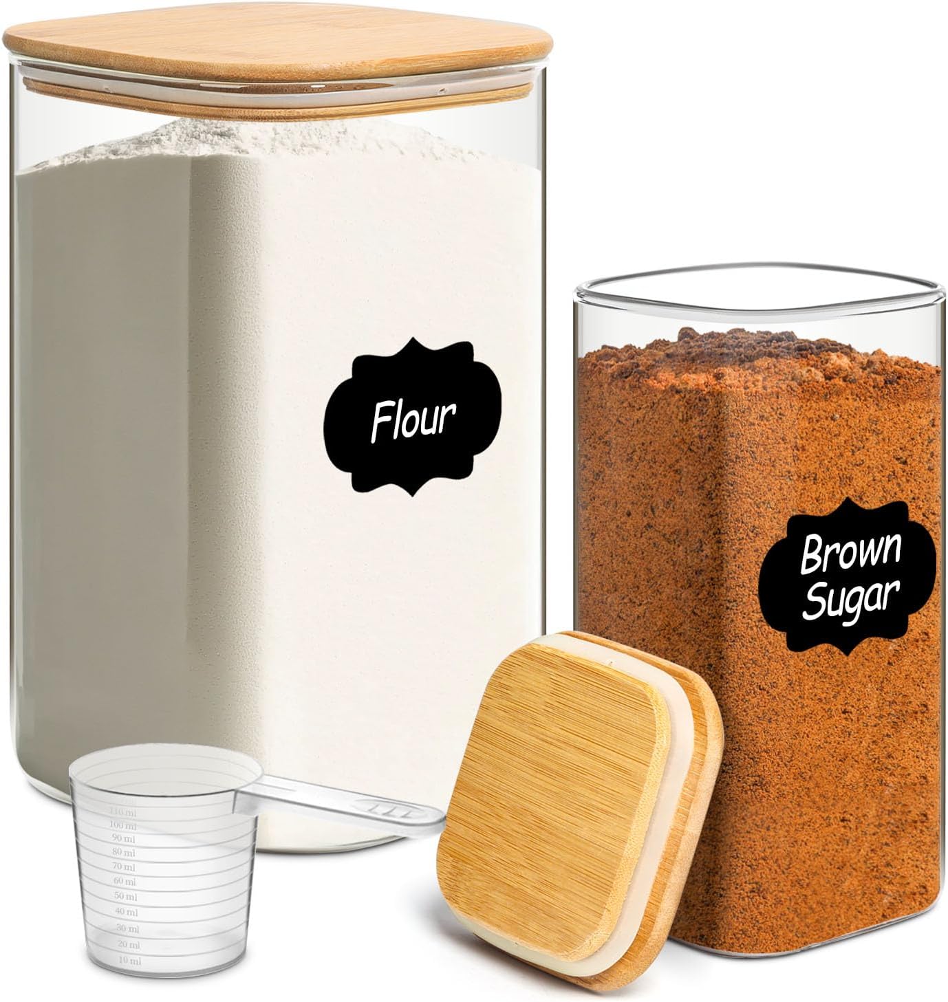 Square Glass Flour and Sugar Containers with Bamboo Lids