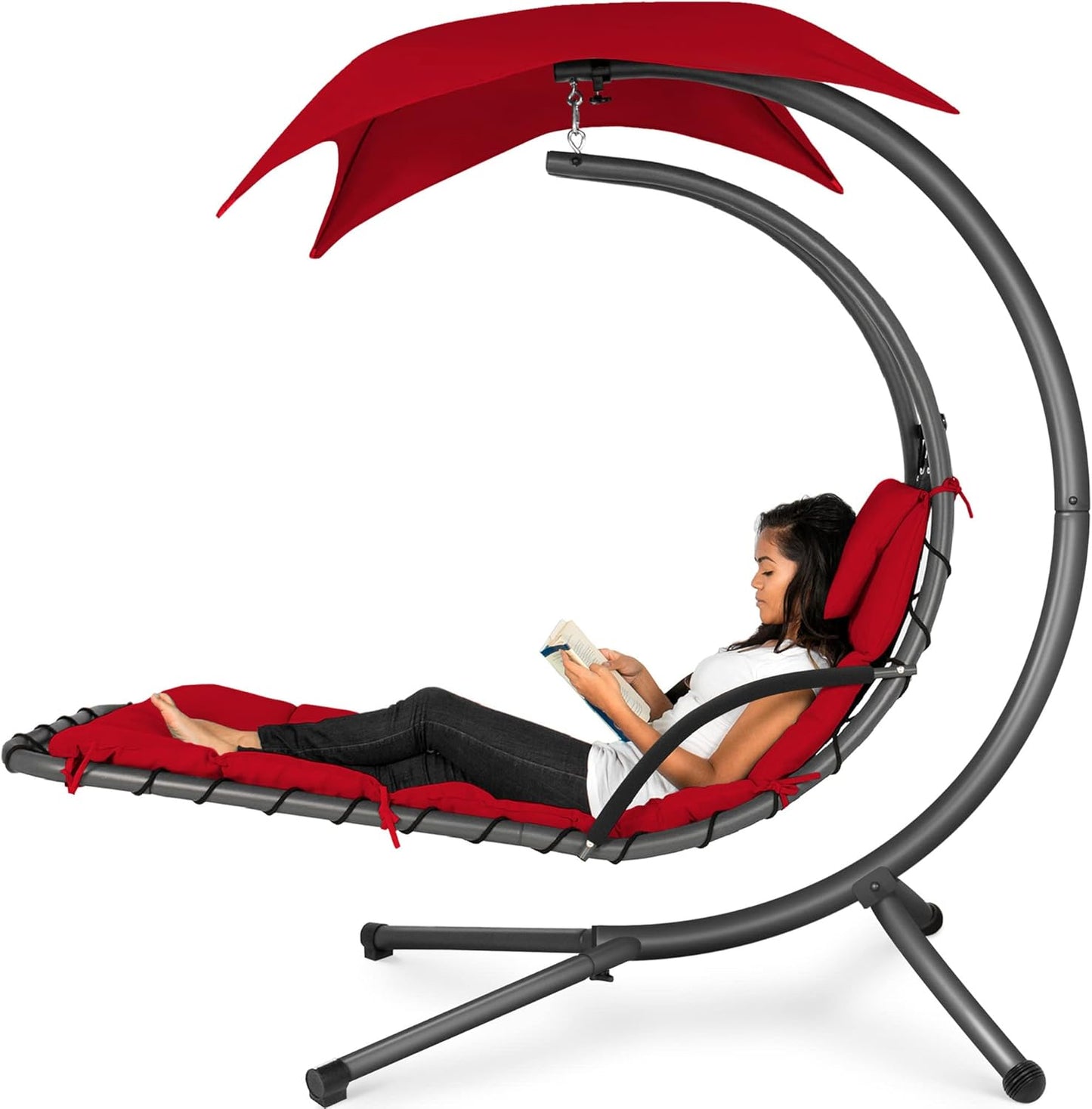 Outdoor Hanging Curved Steel Chaise Lounge Chair Swing - Red