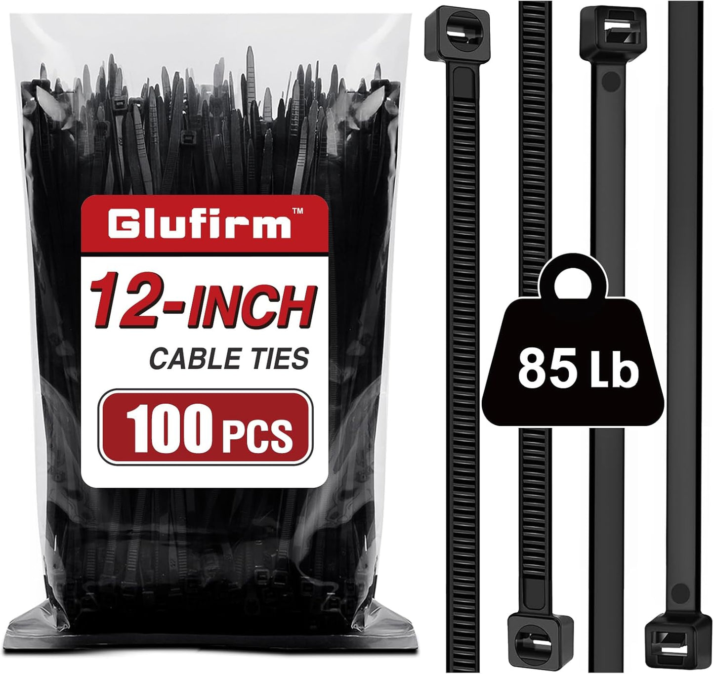 Glufirm 12 Black Zip Ties 100 Pack - Stronger with 1.7X Tensile Strength!