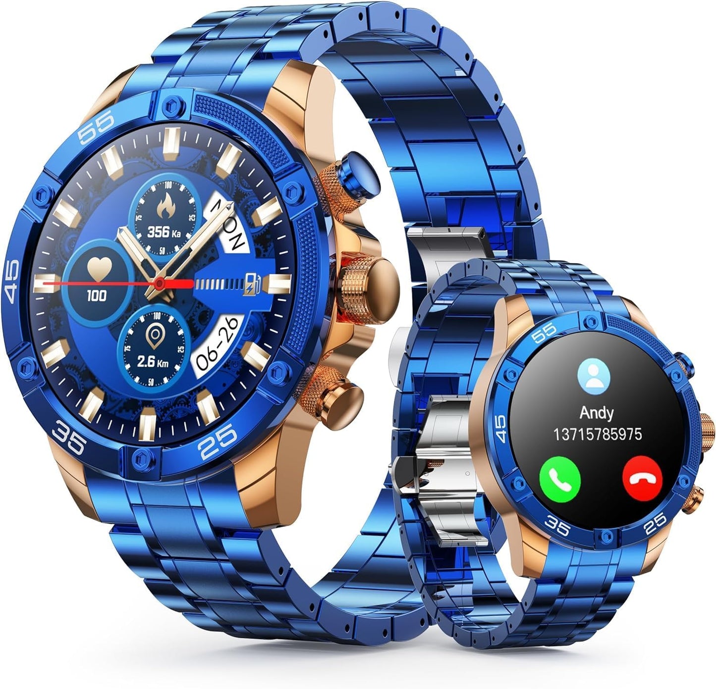 High-Def Gold Blue Smartwatch, Multiple Sports Modes, Bluetooth Call - OHUGNA