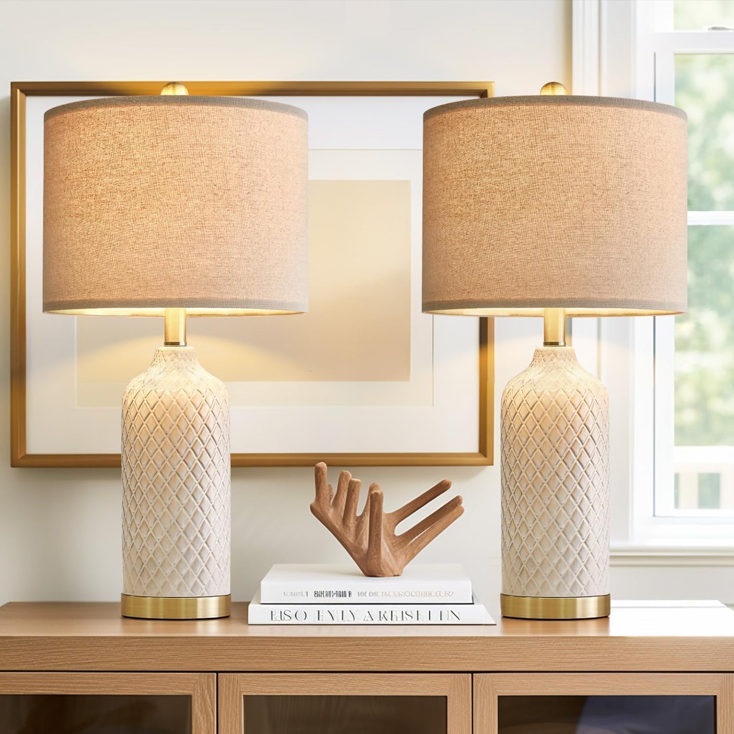 Modern Ceramic Table Lamps Set of 2 - Gold Boho Farmhouse Style