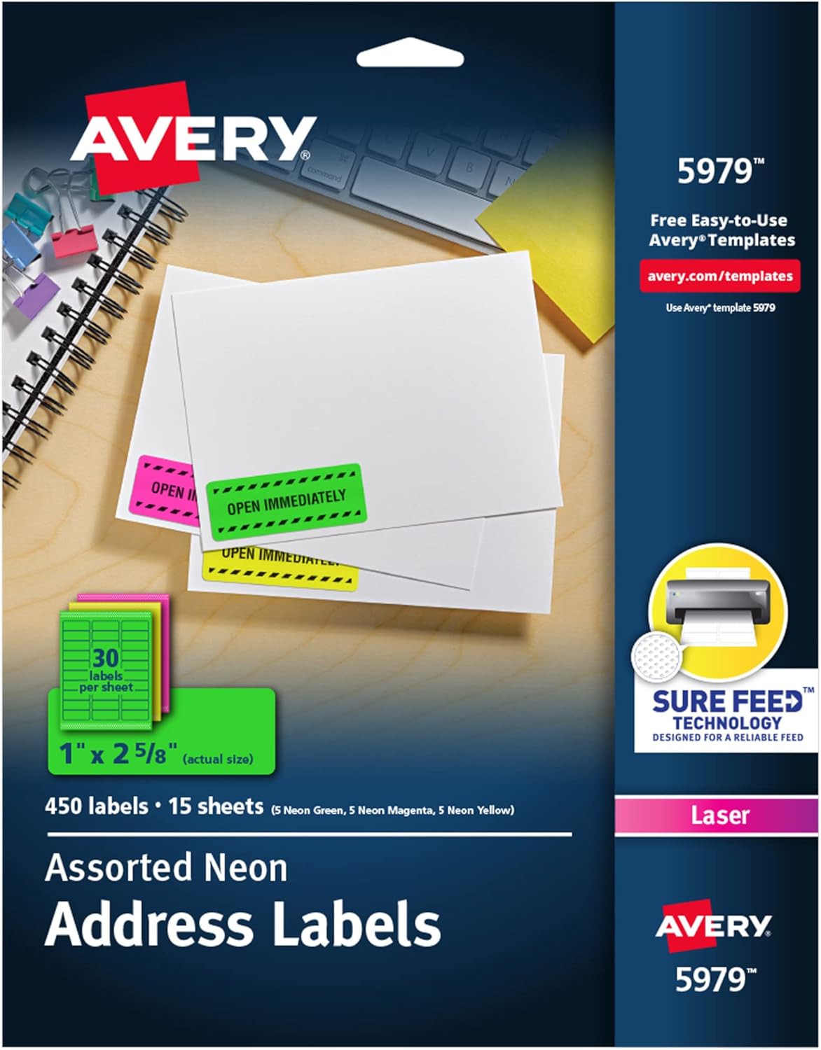 450 Neon Blank Address Labels for Laser & Inkjet Printers - Avery Sure Feed Technology