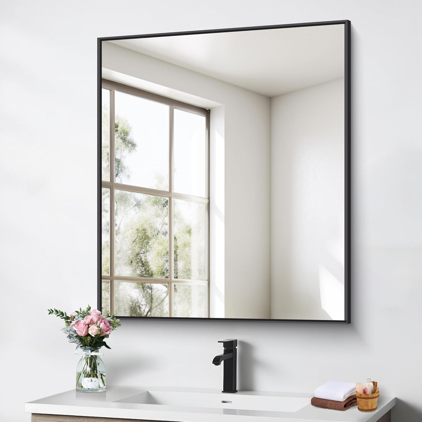BONEWEI 30x36 inch Black Bathroom Mirror for Elegant Spaces