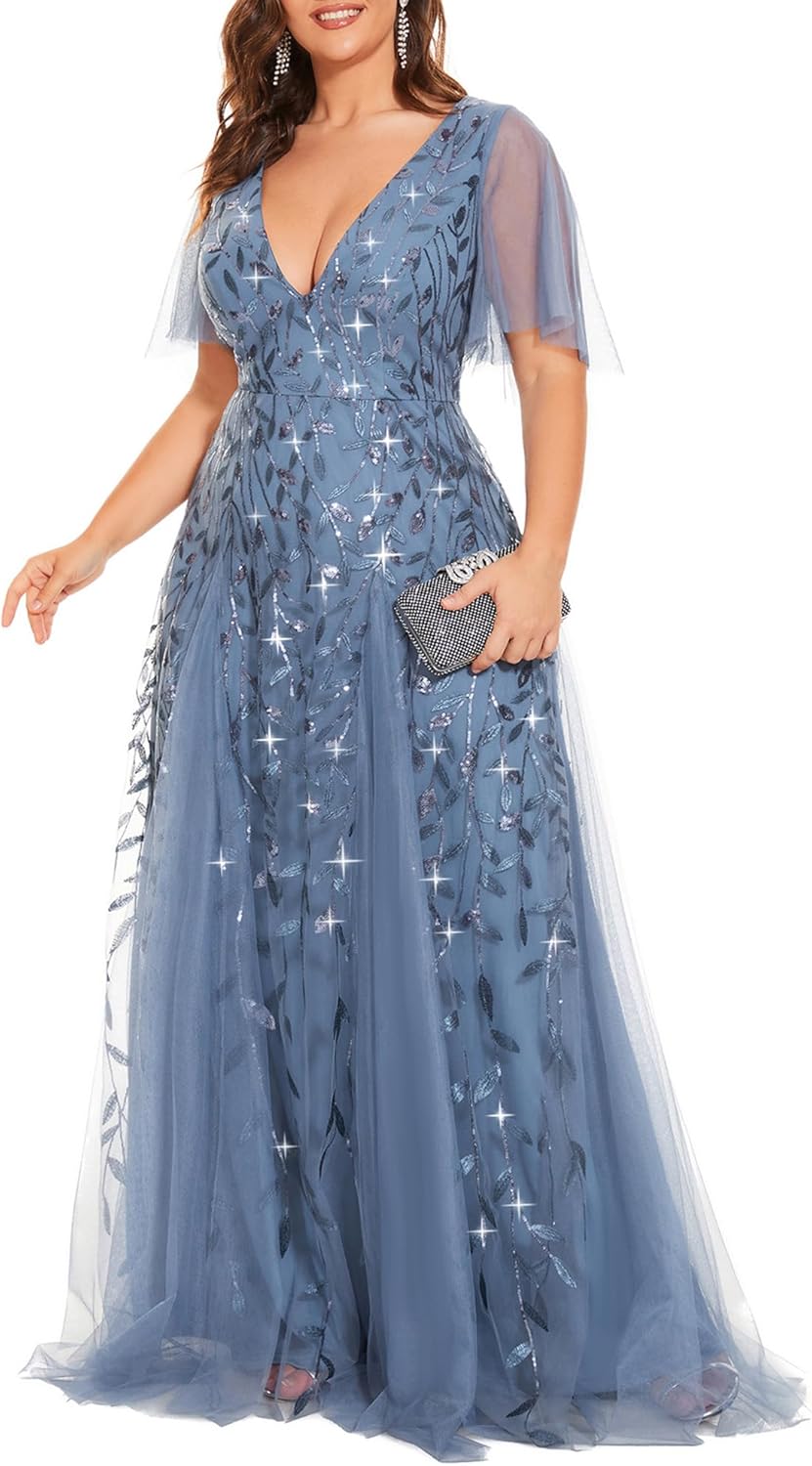 Plus Size V-Neck Sequin Embroidery A-Line Evening Dress