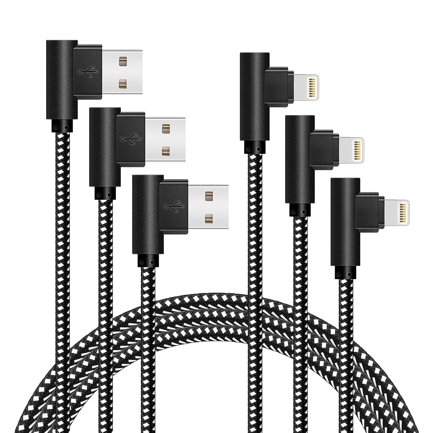 APFEN 3-Pack 90 Right Angle iPhone Charging Cable, 10ft Nylon Braided