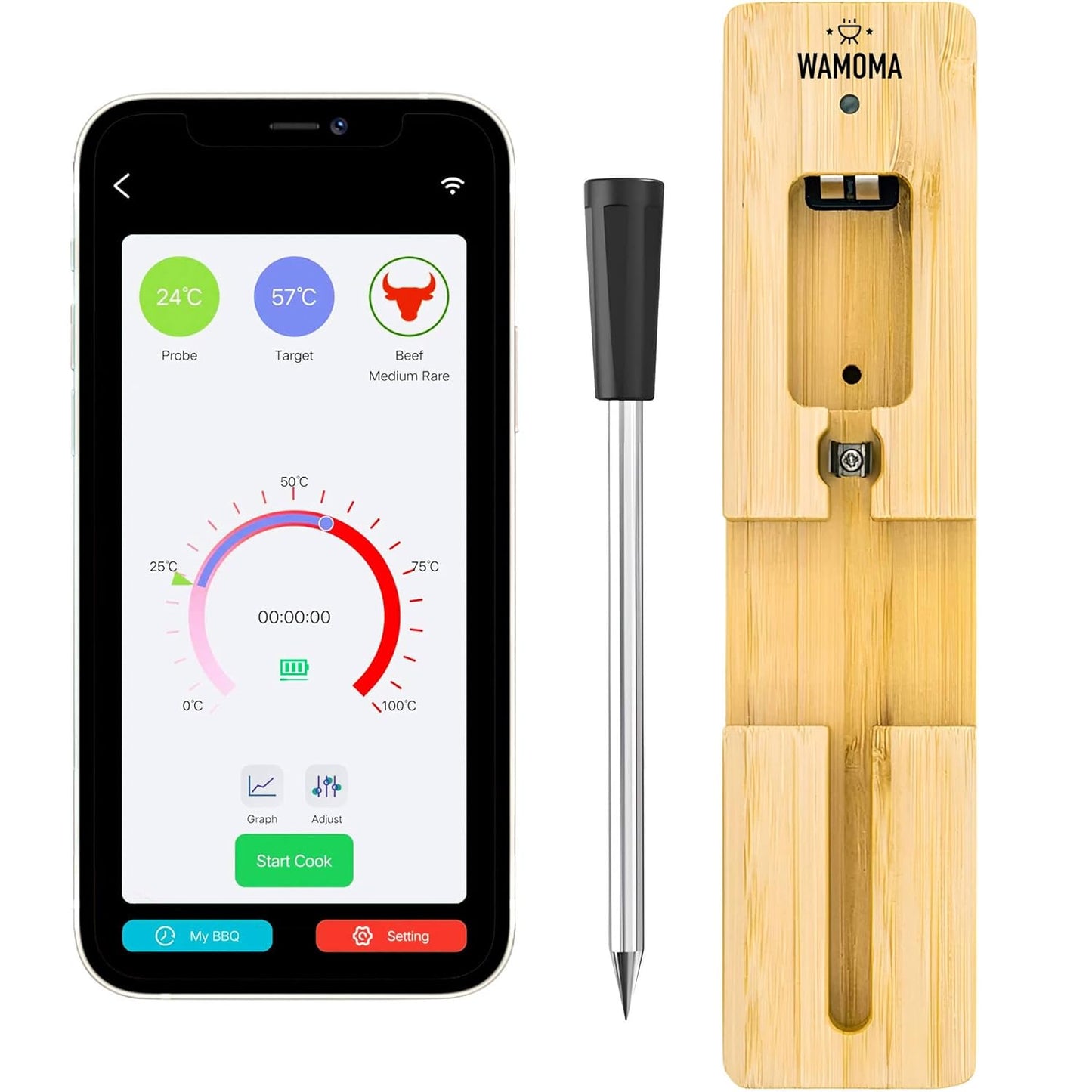 Wamoma Bluetooth Meat Thermometer - Smart & Waterproof Probe