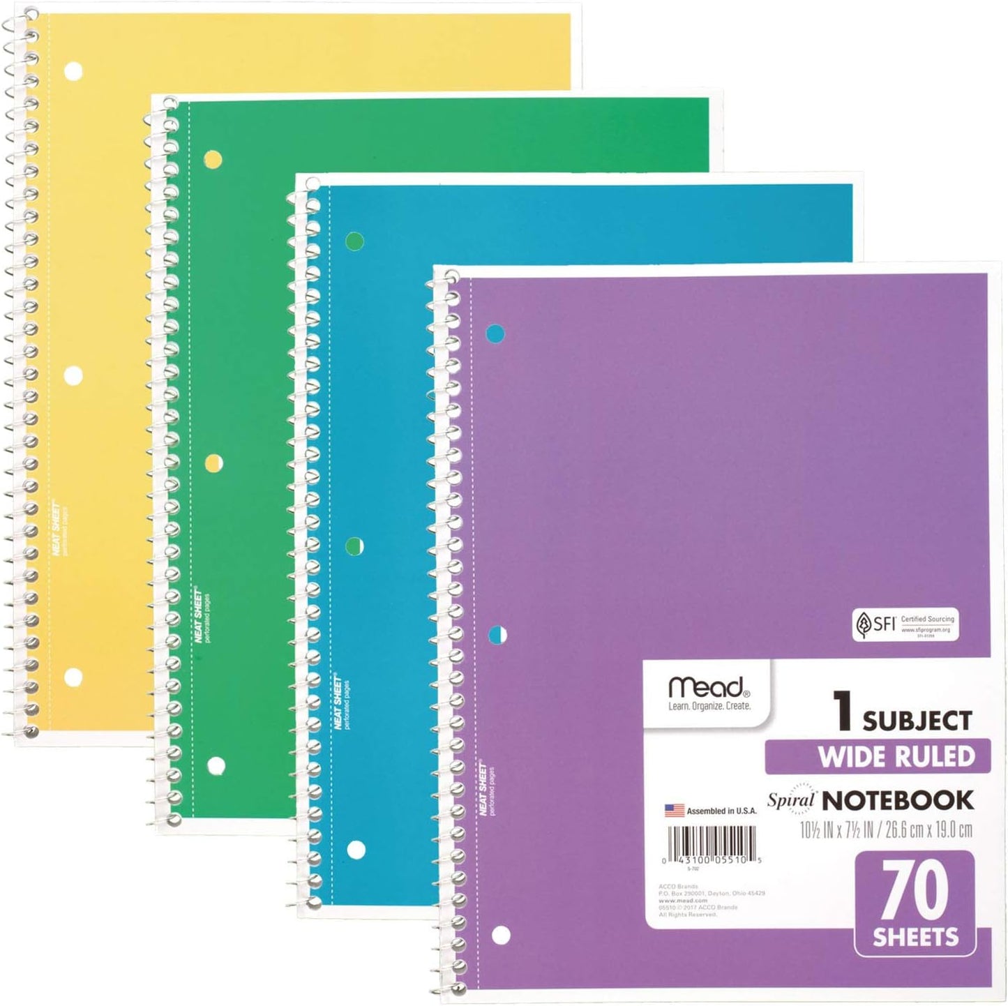 Mead Spiral Notebook 4 Pack - Wide Ruled, 70 Sheets Each