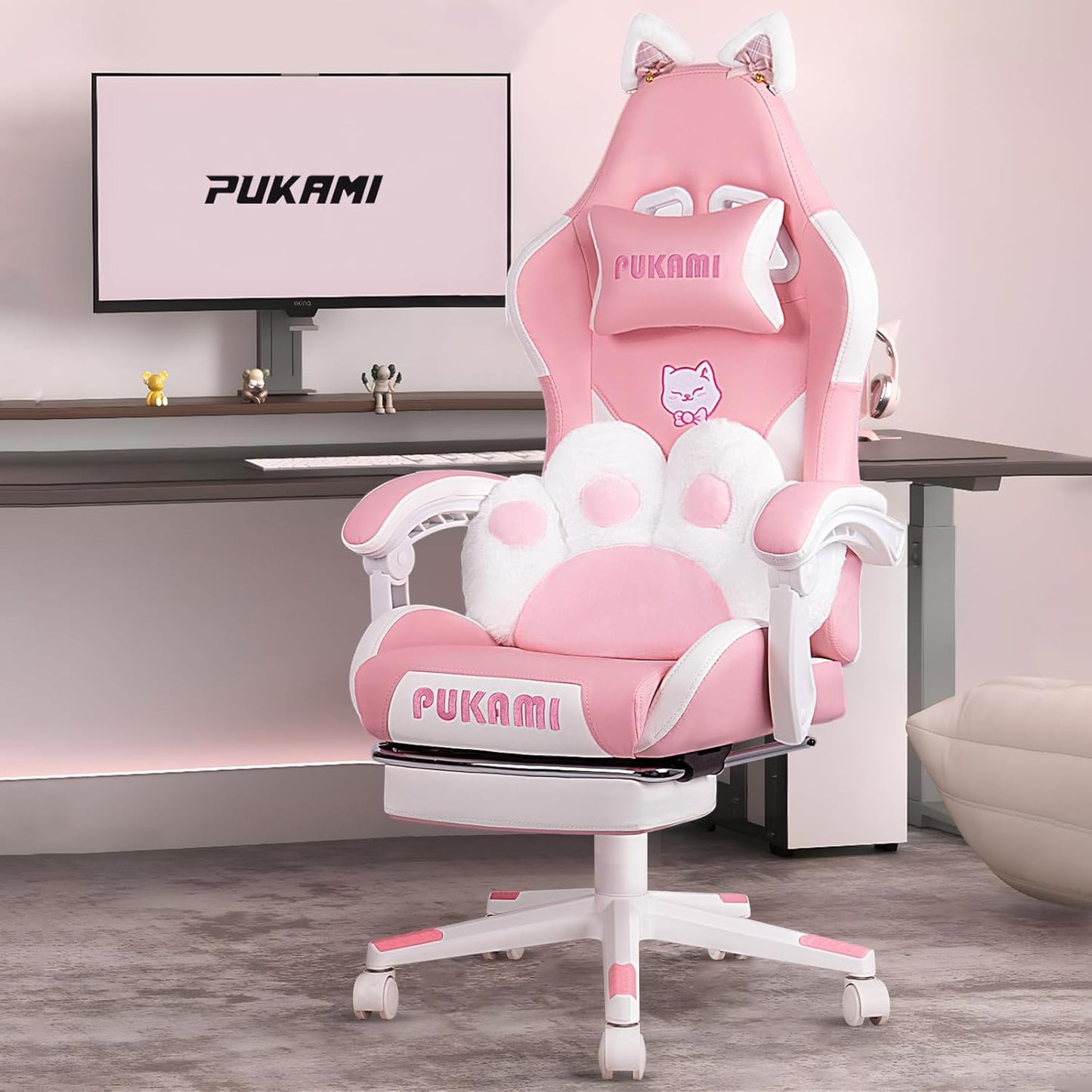 Pink Gaming Chair with Cat Ears & Paw Lumbar, Ergonomic Design
