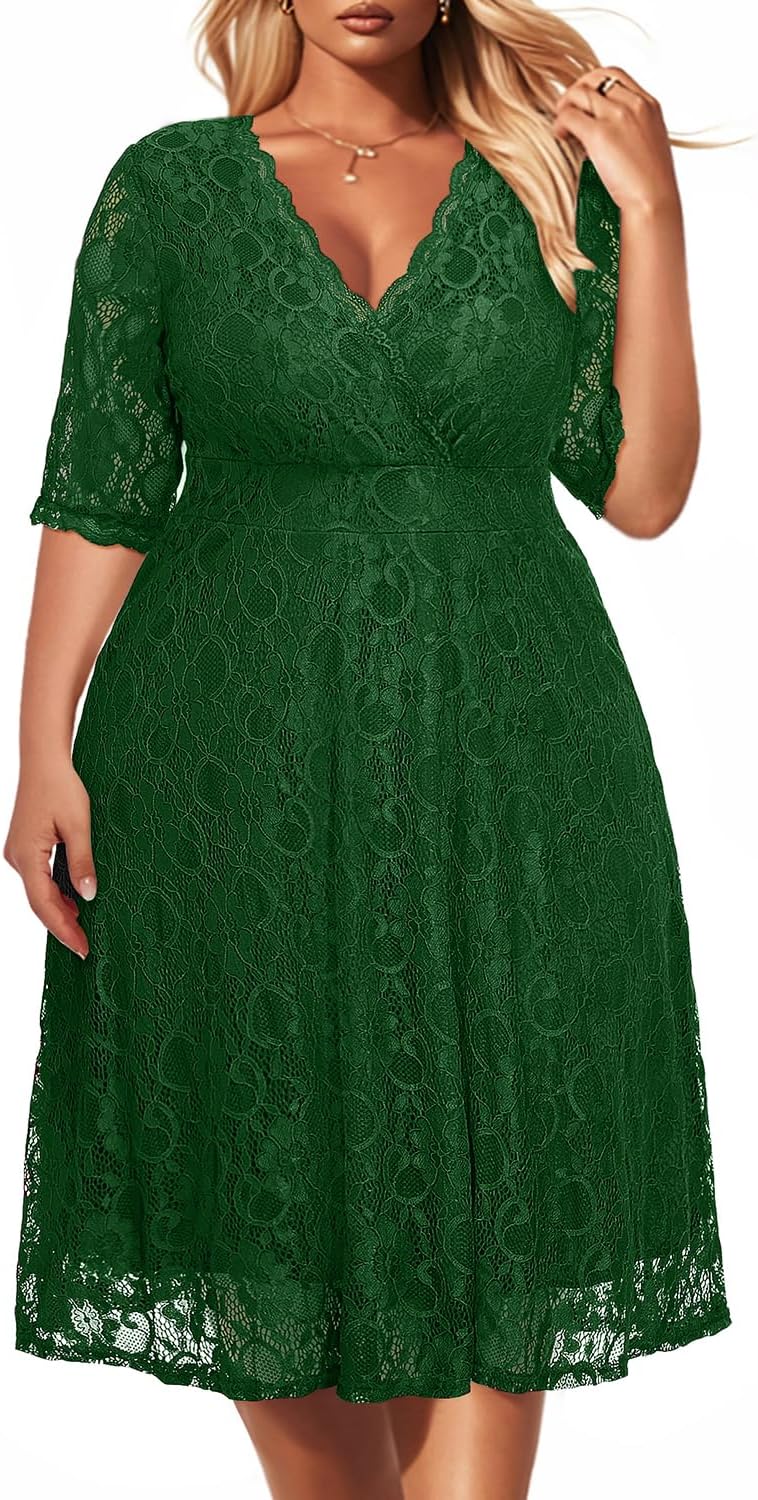 Plus Size Wedding Guest Cocktail Dress with Lace Wrap V Neck