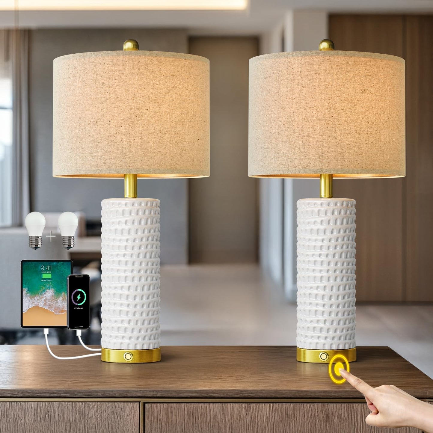 Modern Ceramic Table Lamp Set of 2 with USB Charging Ports