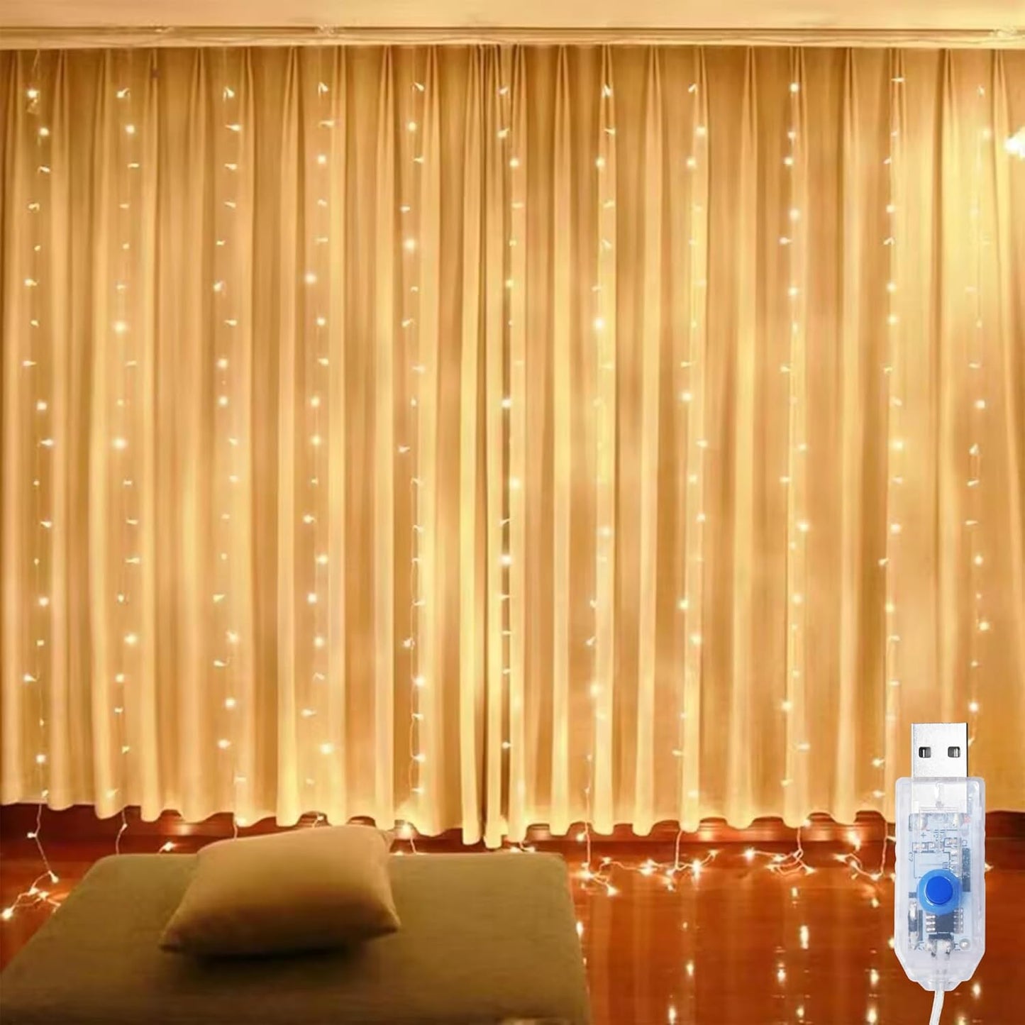300 LED Fairy Curtain Lights - USB Powered Warm White Ambiance