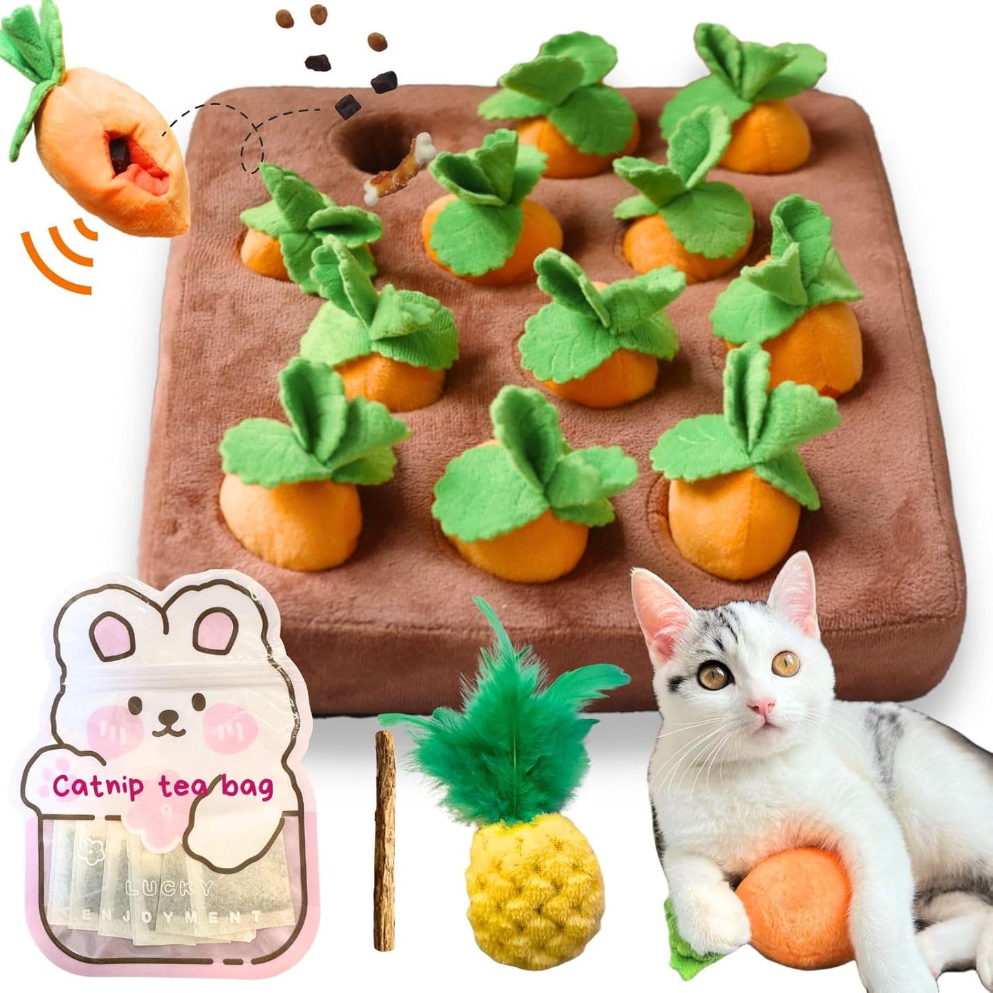 12 Squeaky Carrots & Catnip Tea Bags for Mental Stimulation
