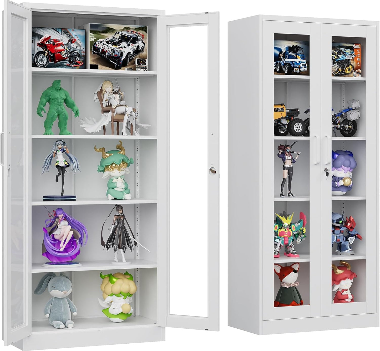 Metal Storage Cabinet with Lock and Glass Doors for Collectibles
