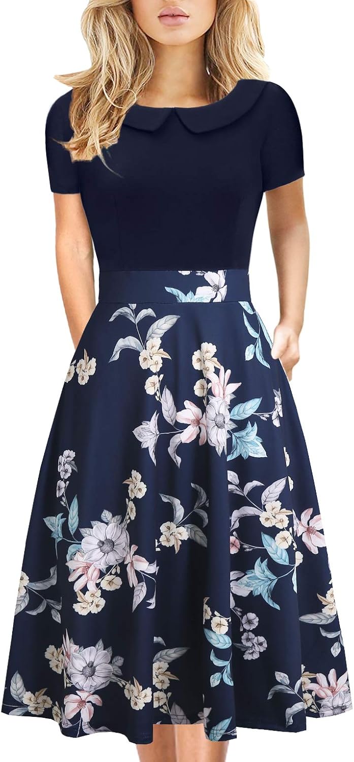 Elegant Vintage Floral Print A-Line Dress with Pockets