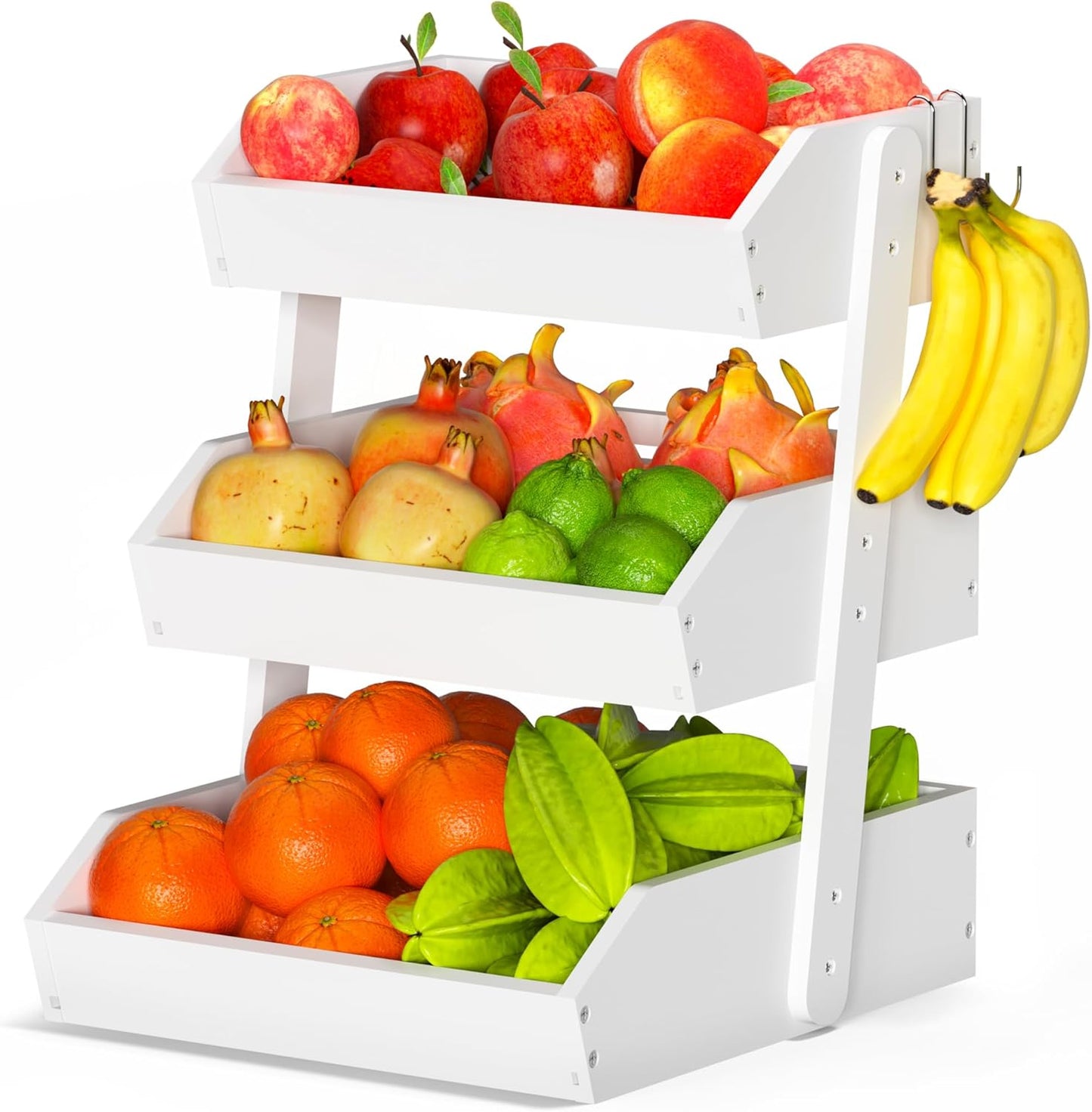 Bamboo Fruit Basket for Kitchen with 3 Tiers and Hooks