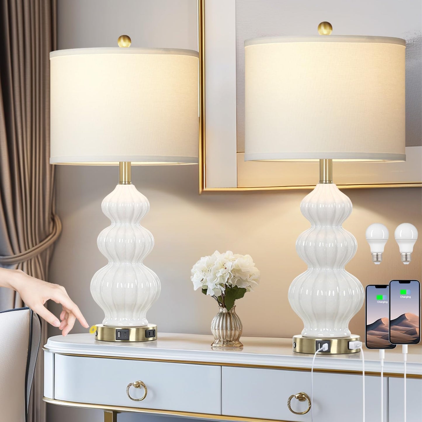 Modern White Table Lamps Set of 2 with USB Ports and AC Outlet