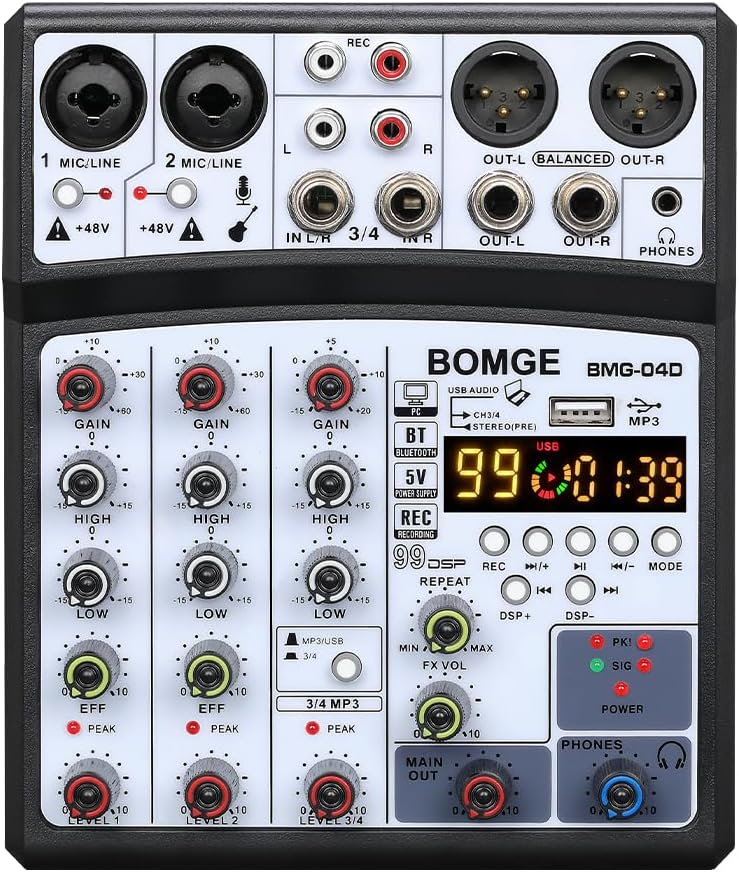 BOMGE 04D Portable Bluetooth 4 Channel DJ Audio Mixer Console