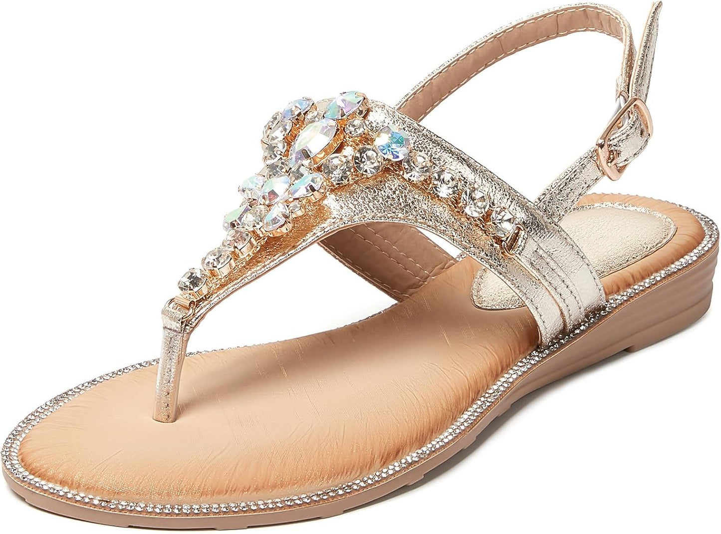iCKER Women Rhinestone Sandals T-Strap Buckle Bohemian Style