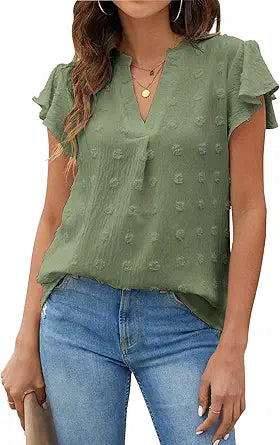 Blooming Jelly Womens White Blouse V Neck Ruffle Sleeve Top