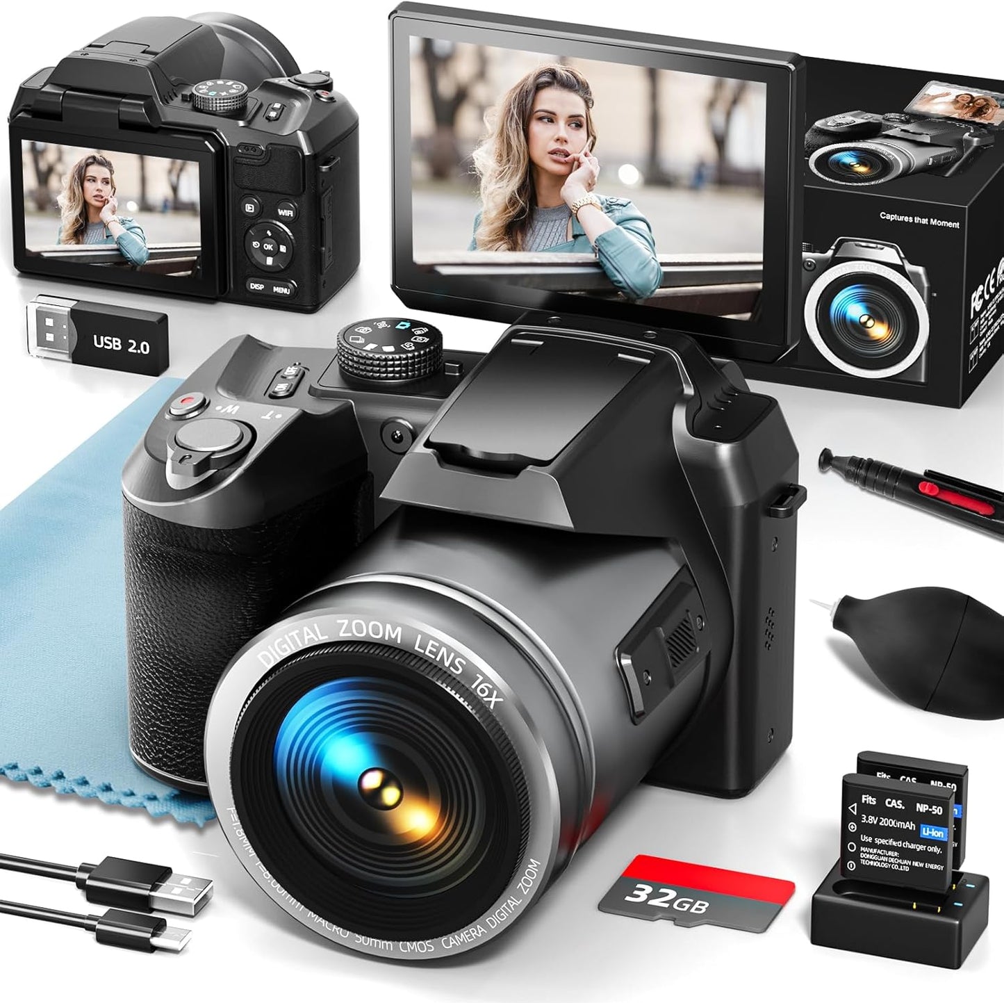 Monitech 64MP 5K Camera with 3 Flip Screen & WiFi