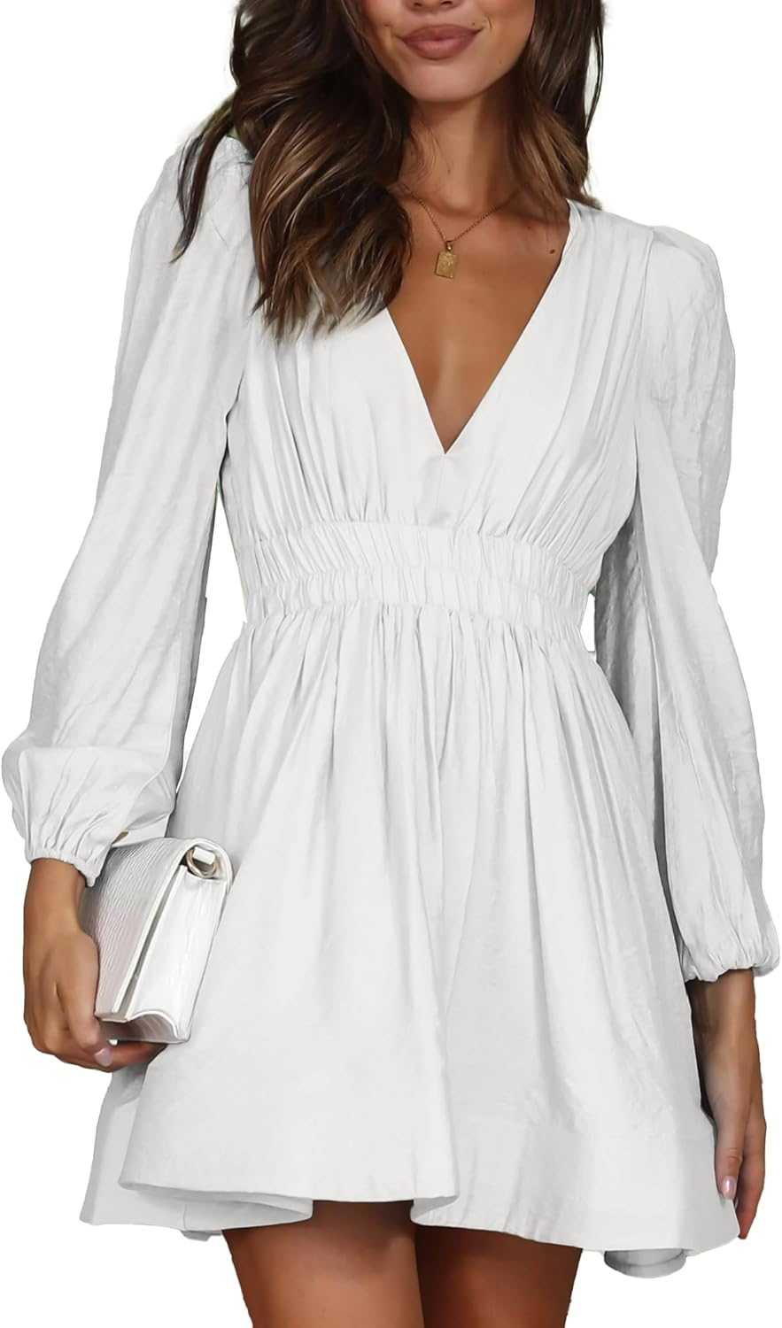 Mini Deep V Sexy Long Sleeve Dress for Women - Flowy A-line Style