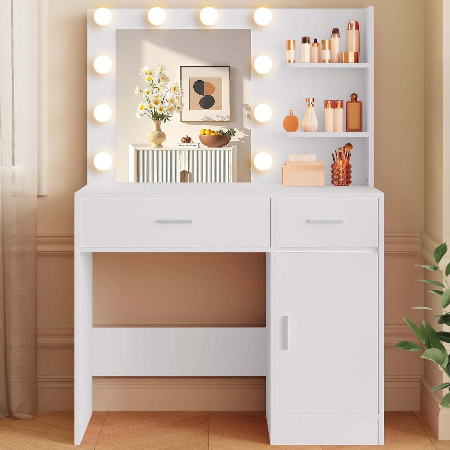 Lighted Makeup Vanity Desk with Dimming Function and Storage