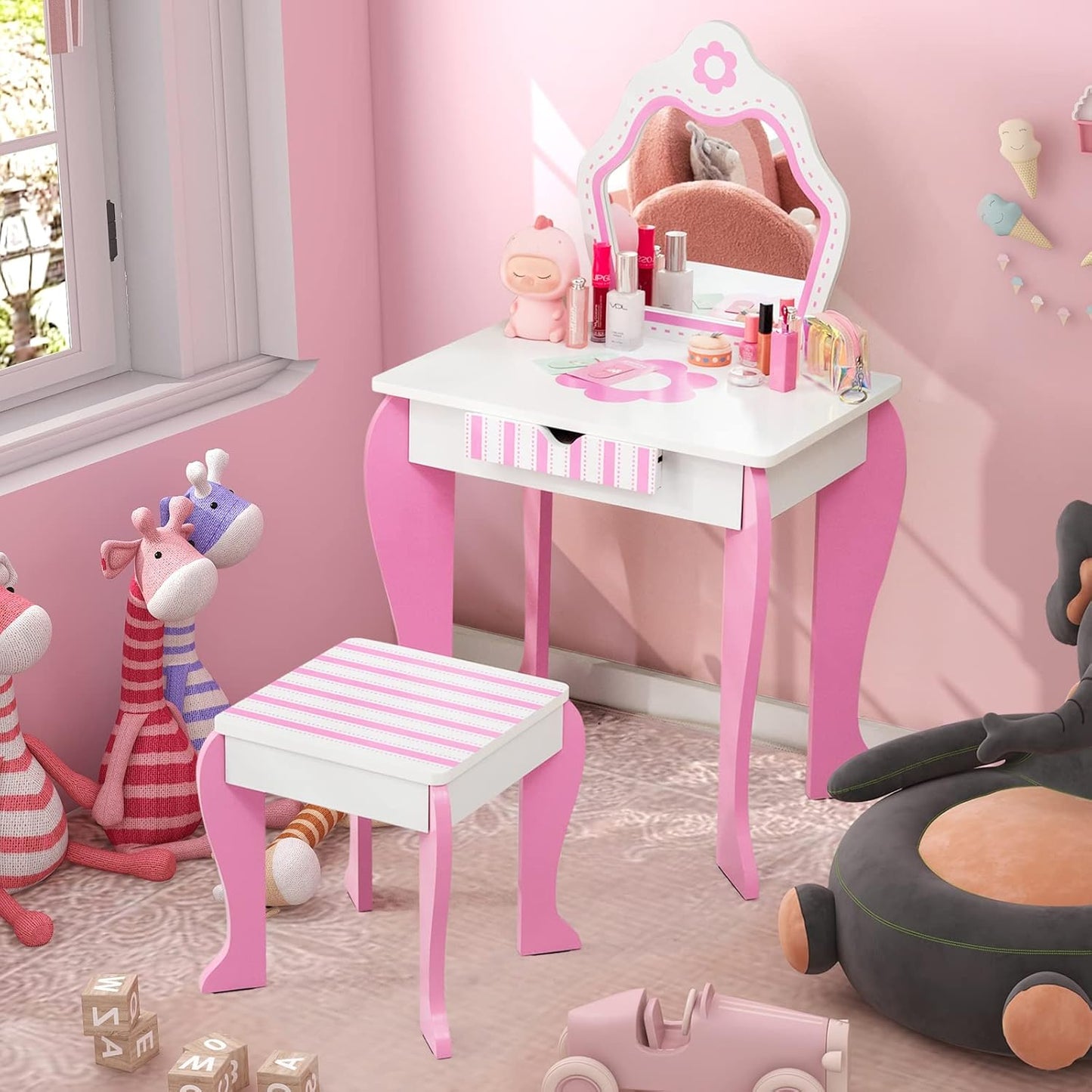Costzon Kids Vanity Set with Mirror and Stool for Little Girls