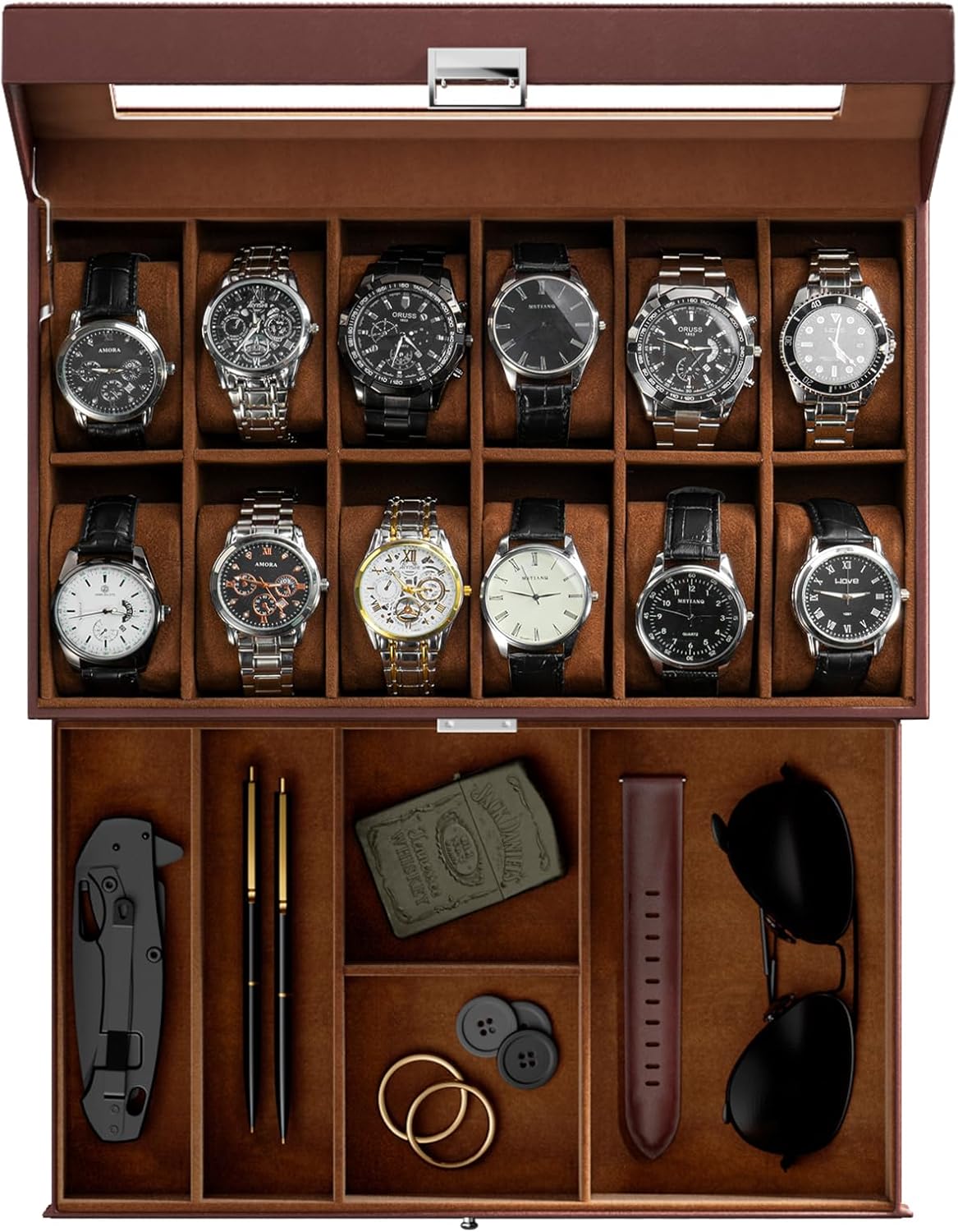 12-Slot Watch Box with Drawer - Stylish Storage Solution