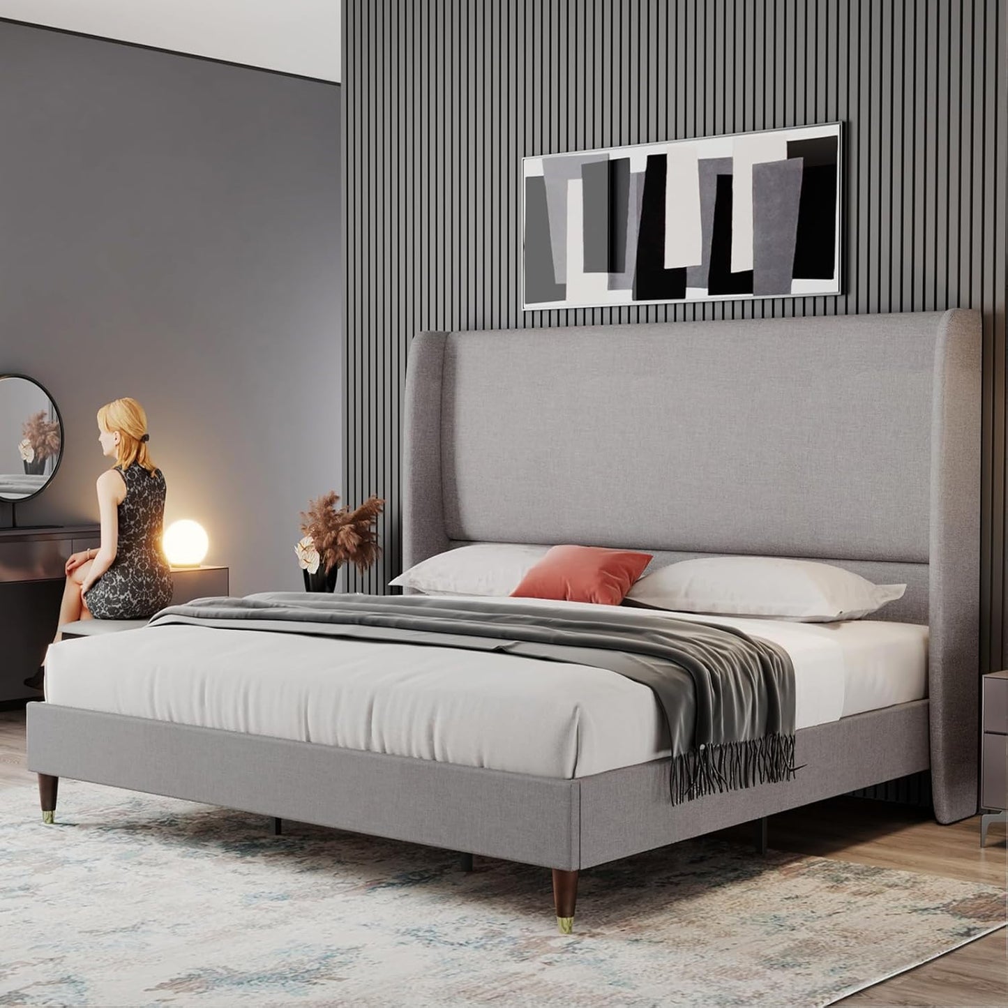 PaPaJet Queen Platform Bed Frame with Tall Upholstered Headboard