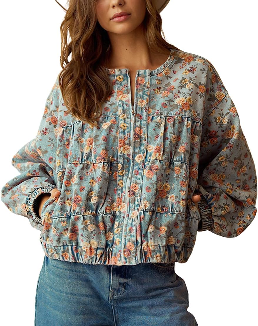Chouyatou Women's Floral Denim Jacket for Casual Fall Style