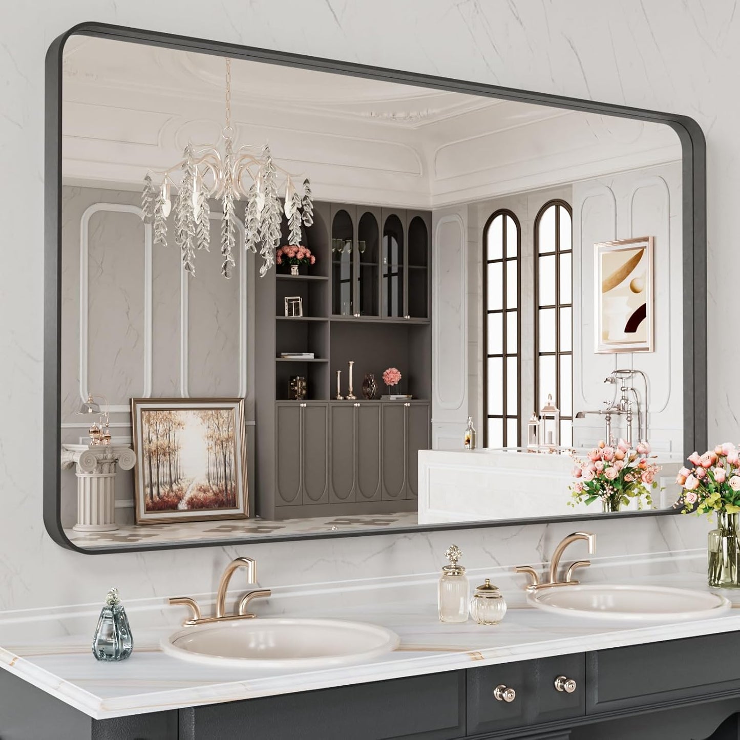 LOAAO 48X28 Inch Black Metal Framed Bathroom Mirror for Wall