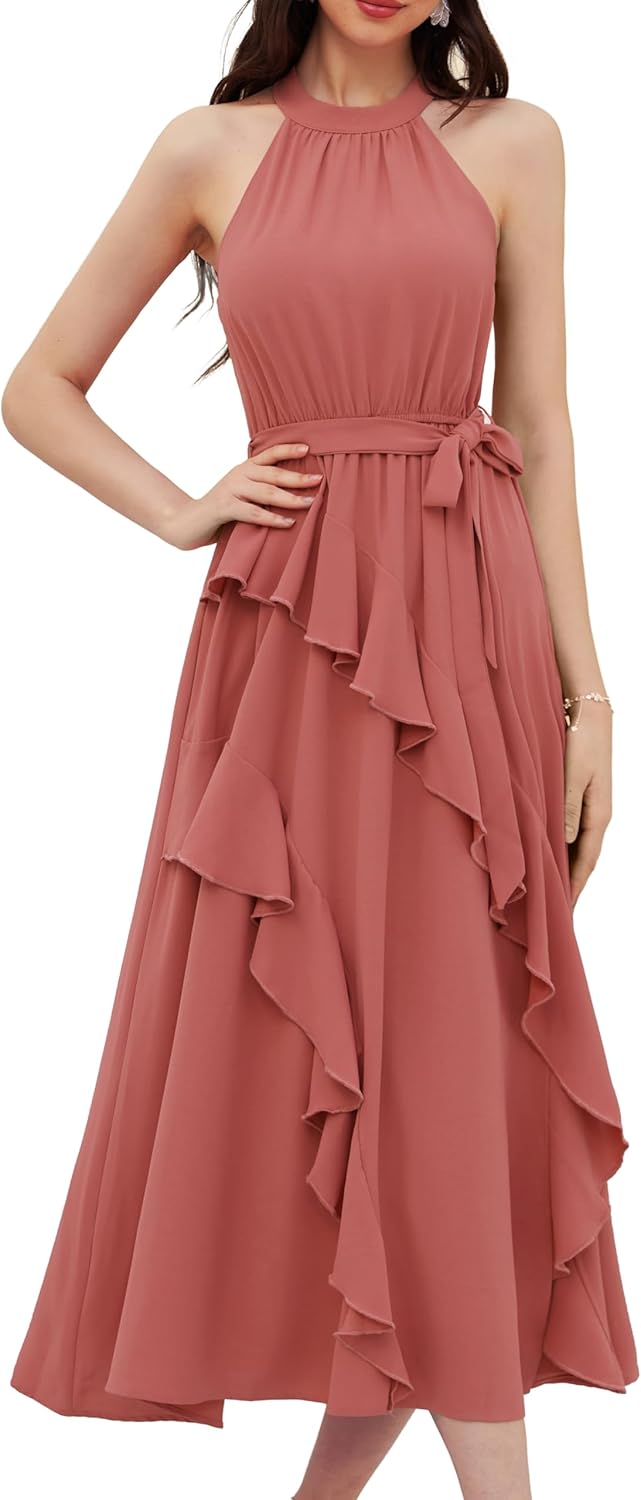 Halter Neck Ruffle Hem Midi Dress for Women by GRACE KARIN
