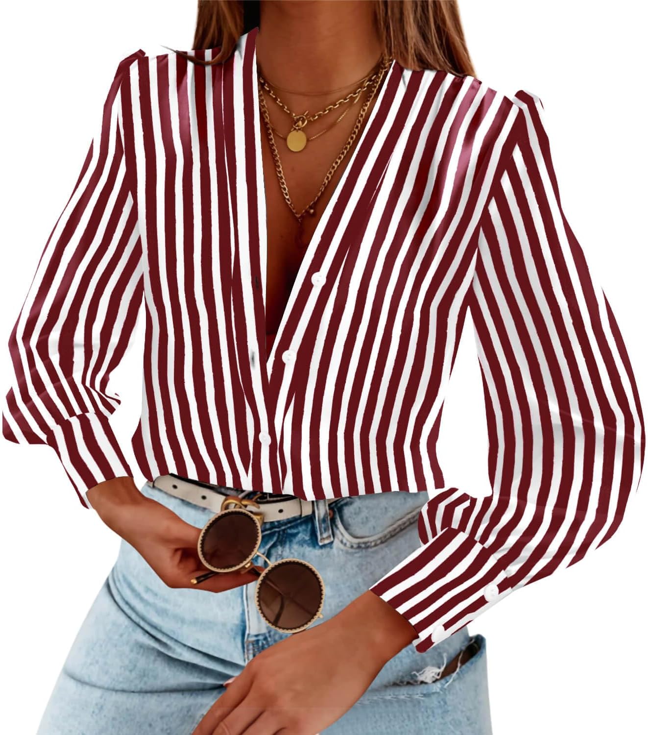 Women's Business Casual Tops Long Sleeve V Neck Chiffon Blouses