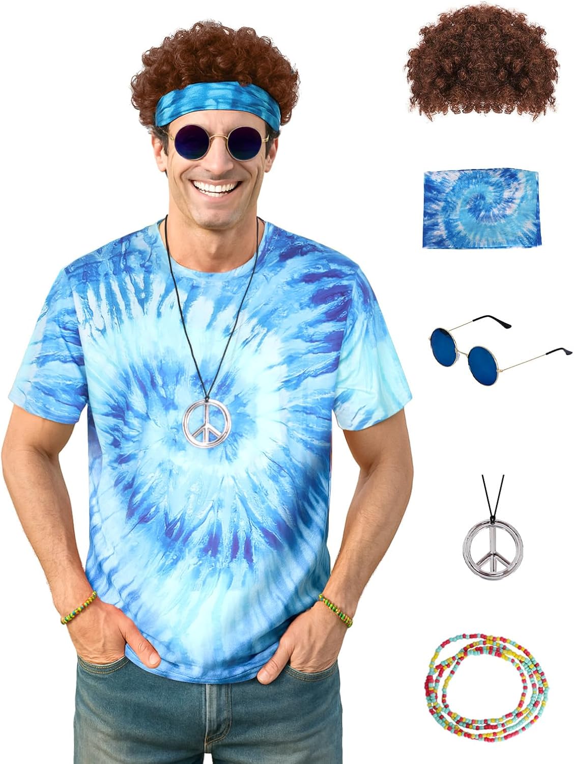 Hippie Costume for Men with Tie Dye Shirt and Accessories Set