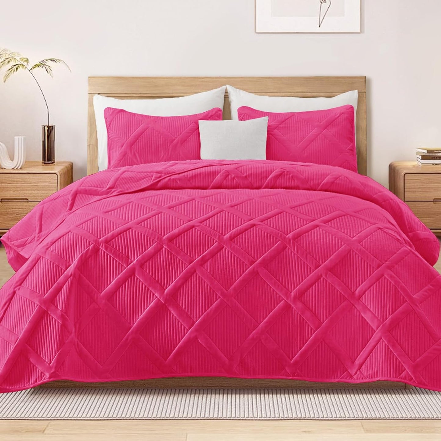 Exclusivo Mezcla King Quilt Set - Hot Pink Striped Bedding