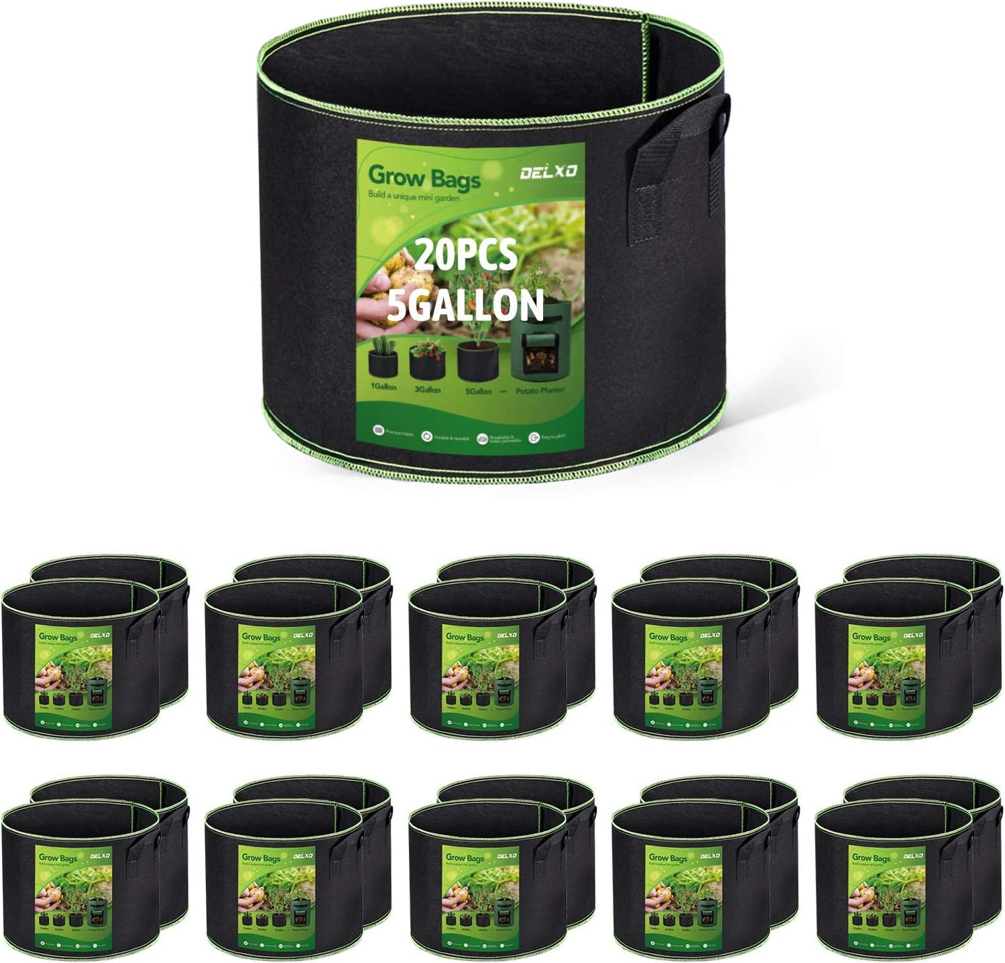 Delxo 20 Pack 5 Gallon Grow Bags for Healthy Plant Growth